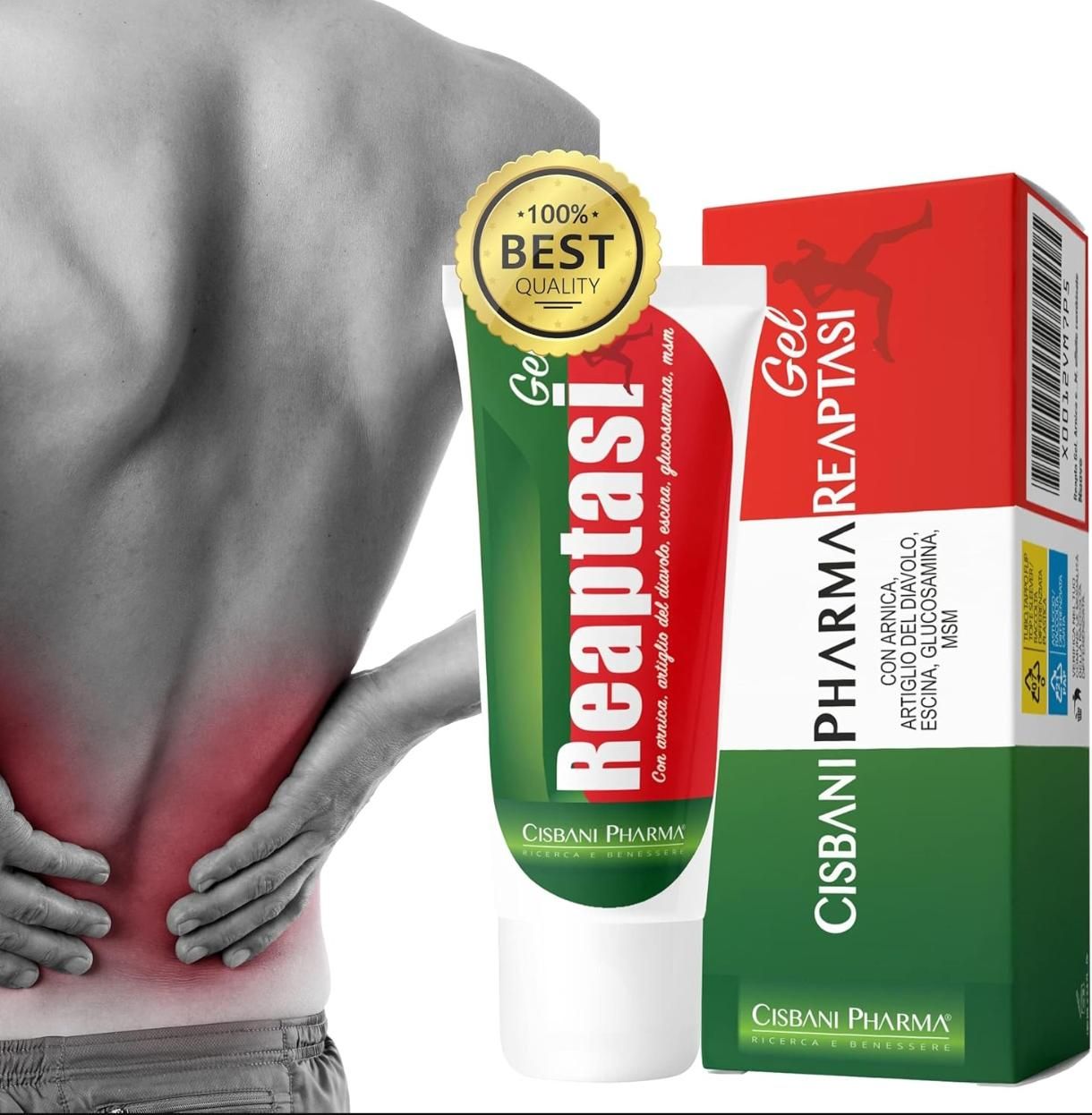 Tubo e scatola di gel Reaptasi. Marchio Cisbani Pharma. Certificazione dorata. Sfondo: schiena dolorante con rosso.