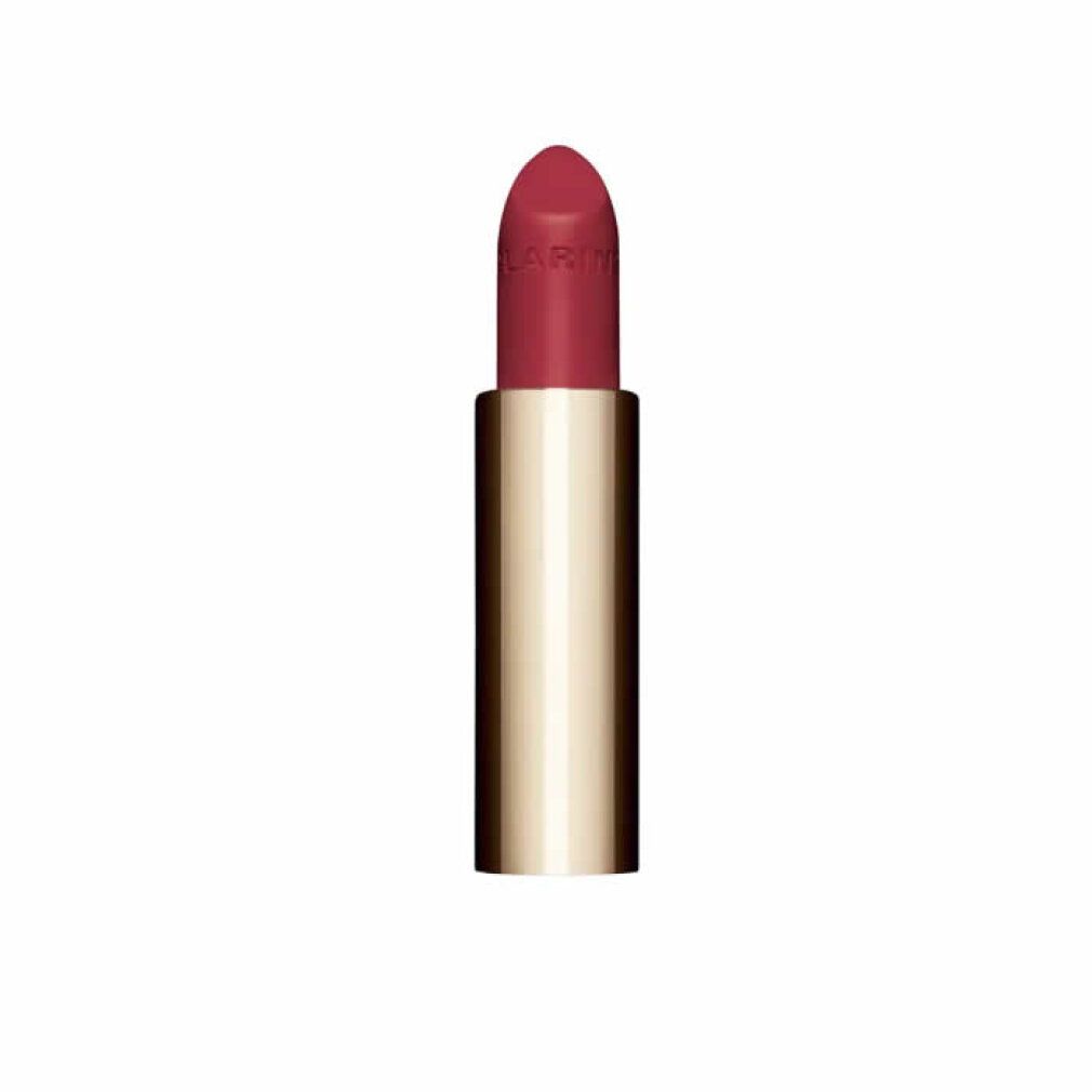 Rossetto rosso con astuccio dorato. Logo Clarins visibile sul rossetto.