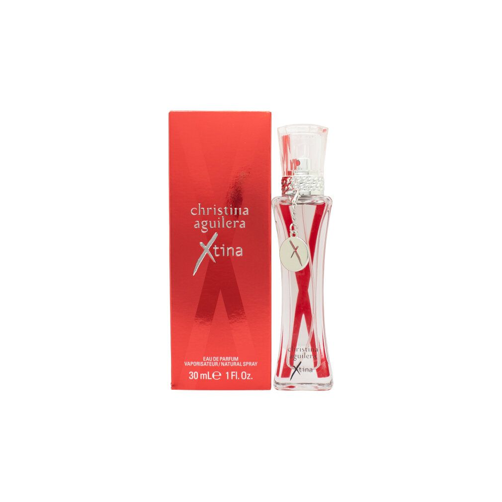 Profumo rosso con confezione rossa. Scritta: Christina Aguilera Xtina. Flacone con forma a X rossa.
