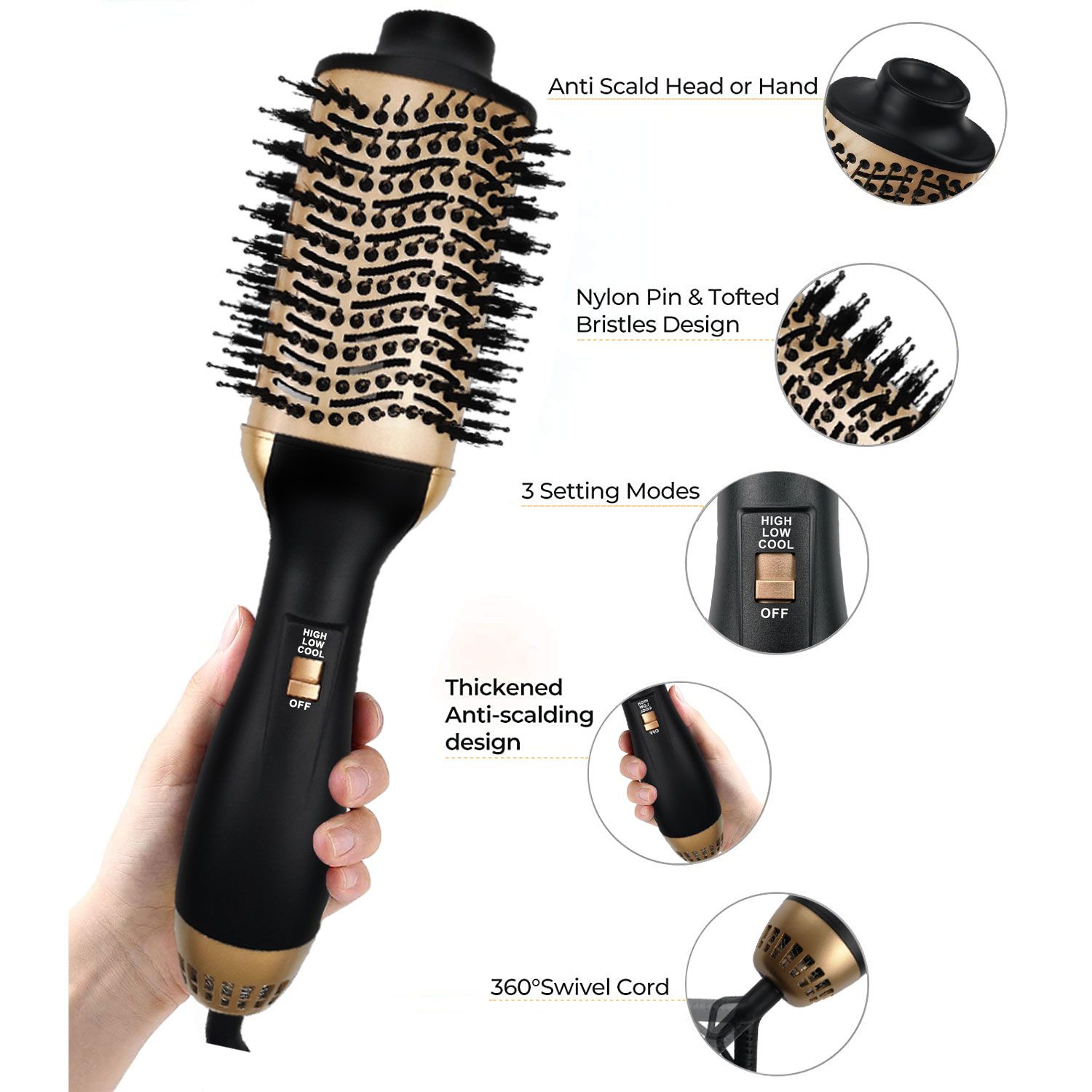 Spazzola per capelli con dettagli. Impugnatura nera, dettagli dorati. Funzioni: 3 modalità, design anti-scottatura, cavo girevole.