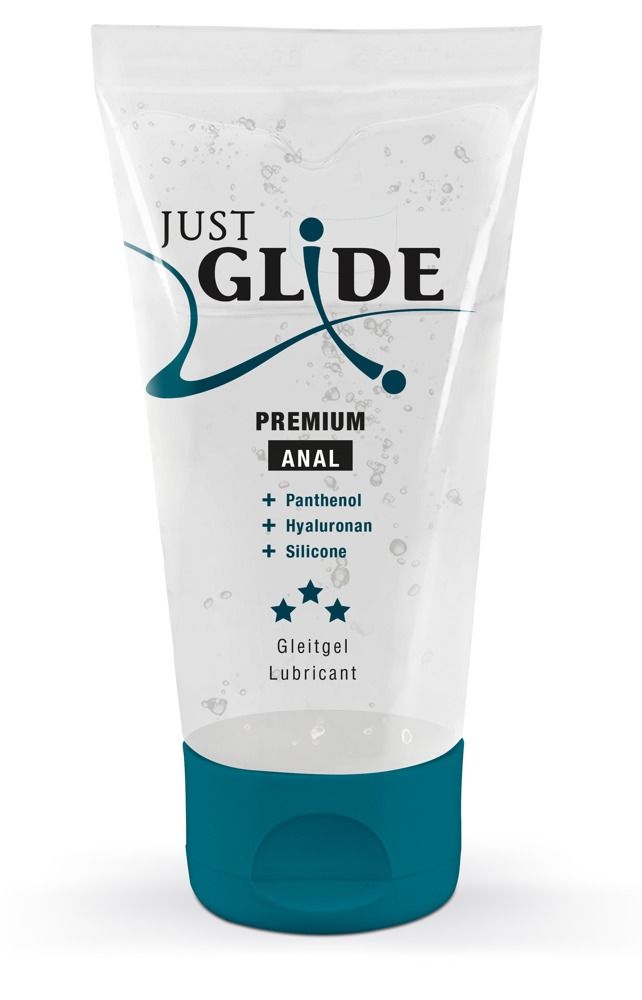 Gel lubrificante Just Glide Premium Anal in tubo trasparente con tappo blu. Contiene Pantenolo, Ialuronano, Silicone.
