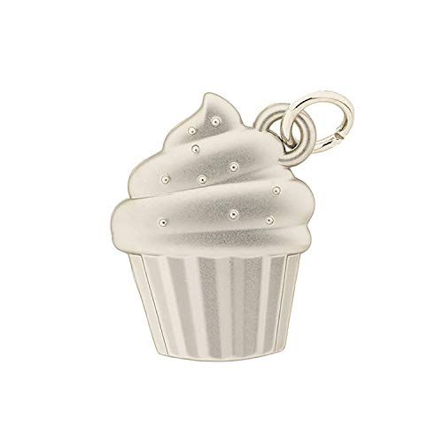 Charm a forma di cupcake argentato con ciondolo. Dettagli: strisce, punti, anello per appenderlo.