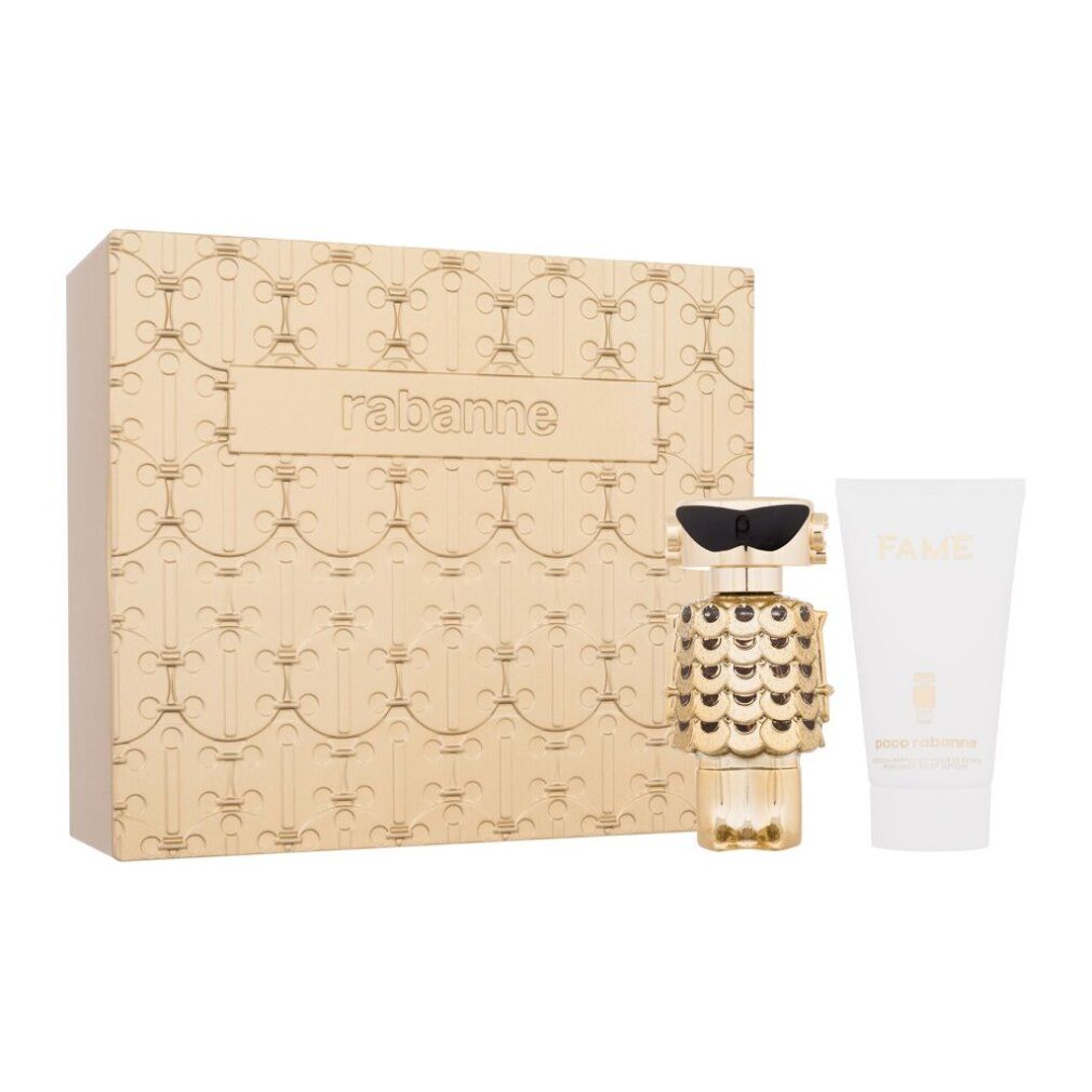 Confezione regalo dorata Rabanne con flacone di profumo Fame e tubo. Scritta "FAME".