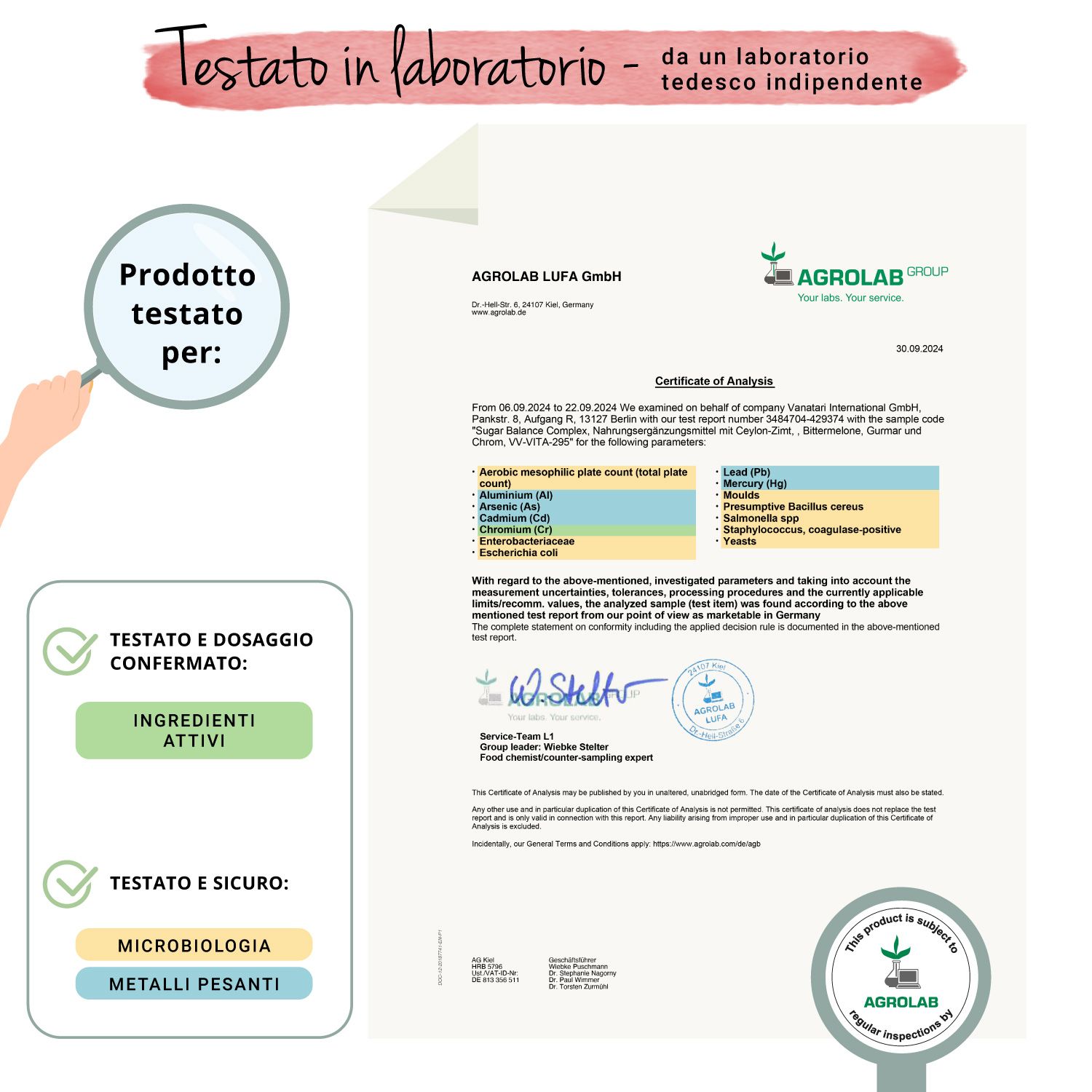 Certificato di Agrolab. Conferma dell'analisi di Sugar Balance Complex. Testato per ingredienti e microbiologia.