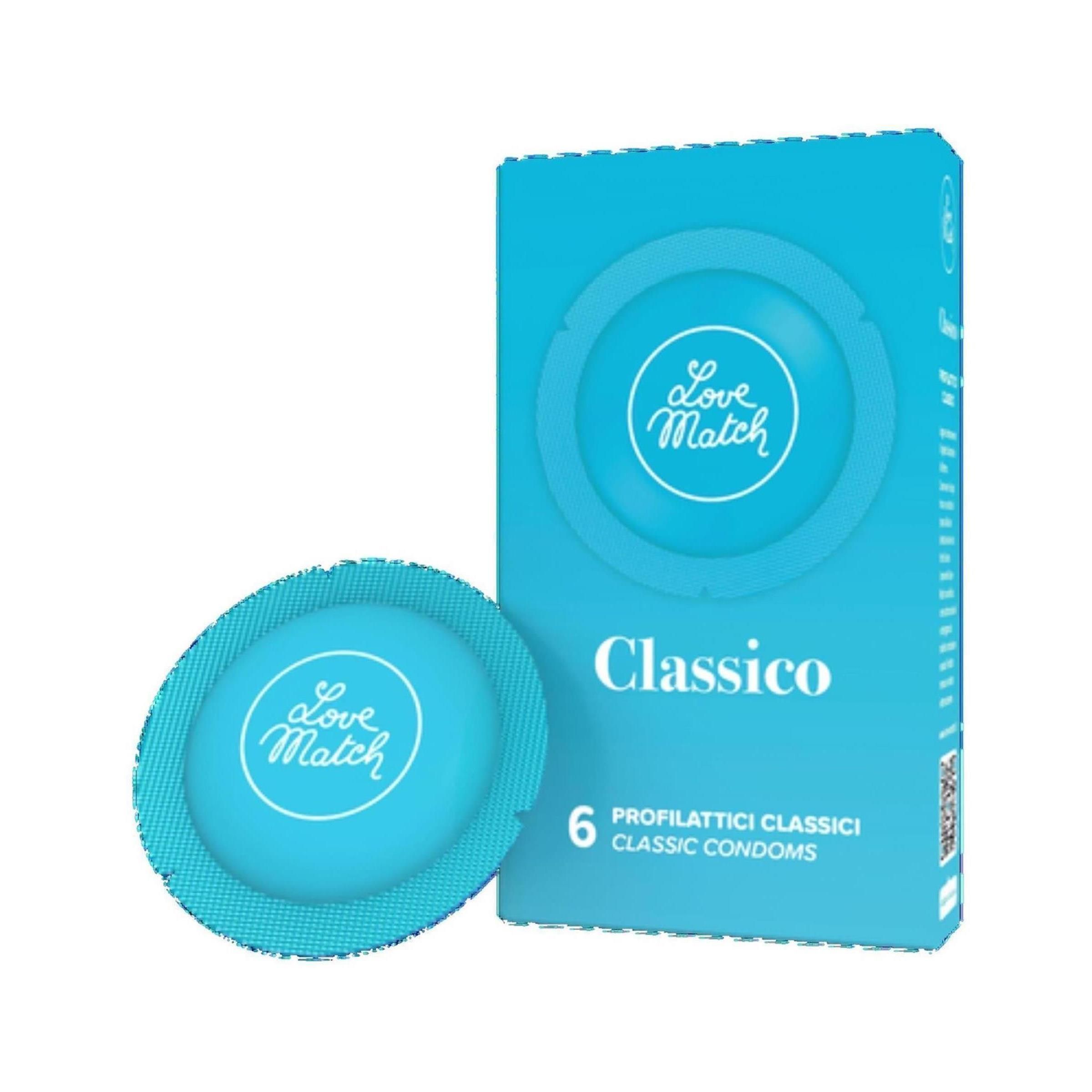 Preservativo blu e scatola "Love Match Classico". 6 profilattici. Testo: "Profilattici classici Classic Condoms".
