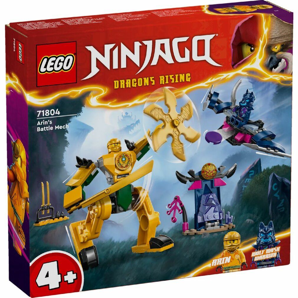 Confezione LEGO NINJAGO. Contiene robot giallo, costruzioni blu e viola. Età consigliata 4+.
