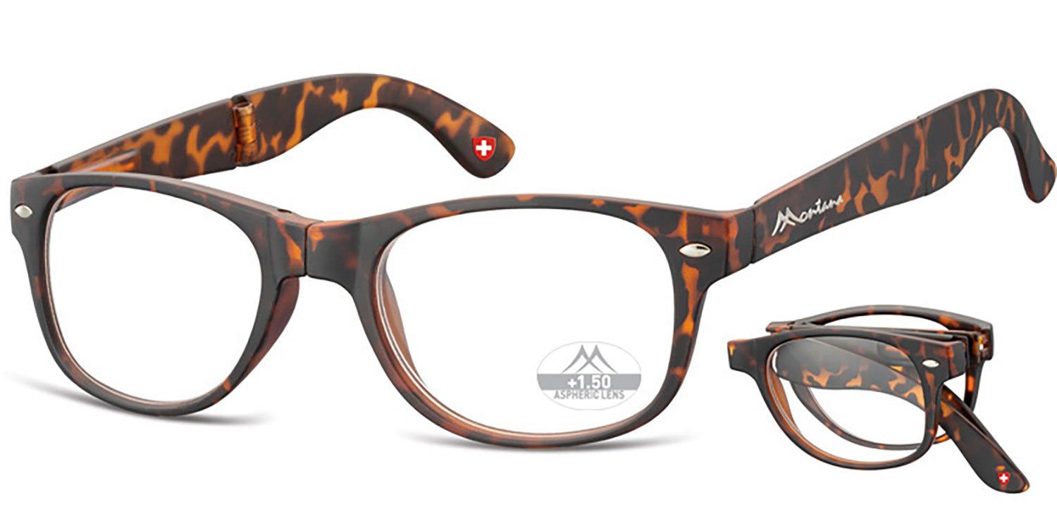 Occhiali da lettura pieghevoli marroni, +1.50 diottrie. Piegati accanto. Logo Montana, croce svizzera.