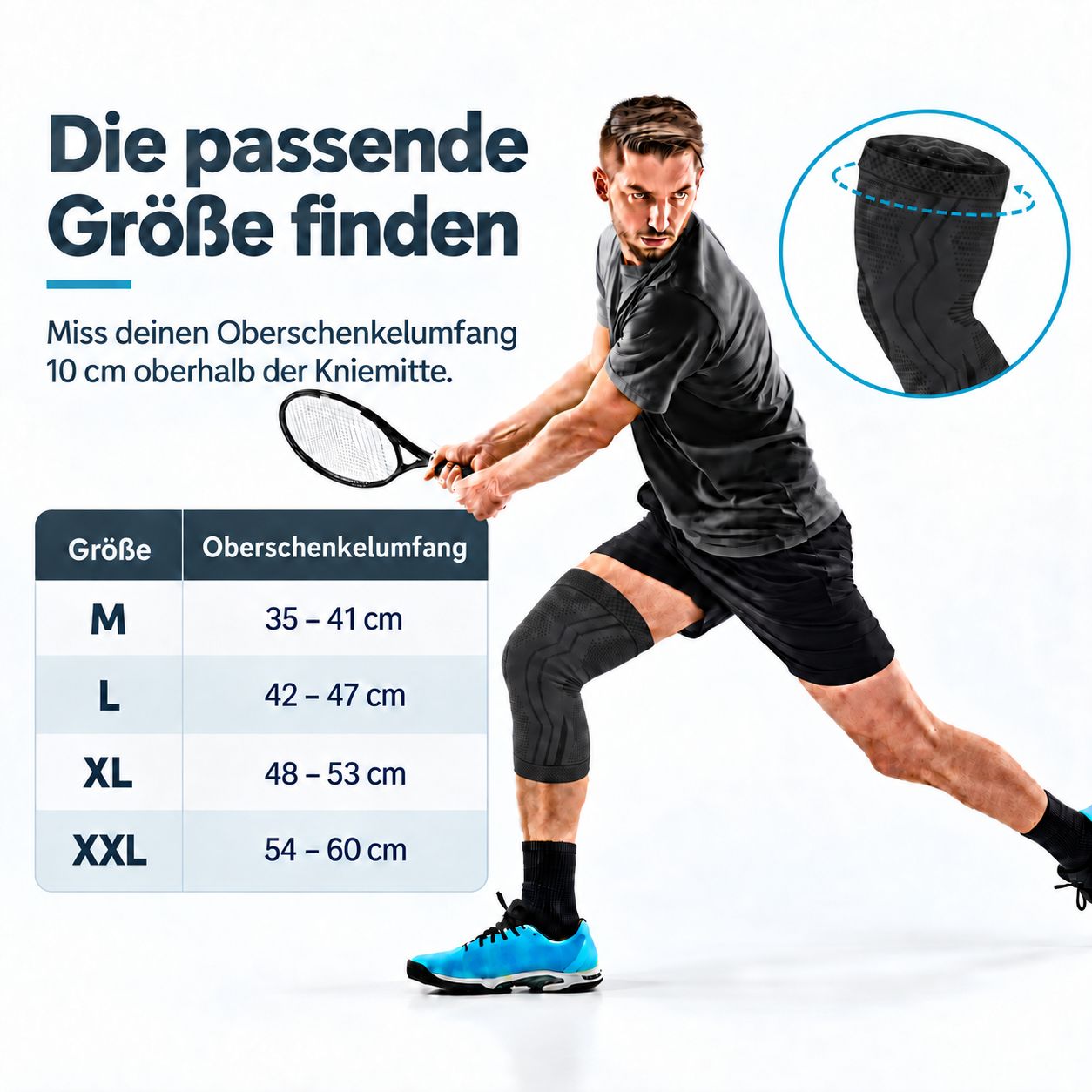 Uomo a tennis con ginocchiera. Tabella taglie ginocchiera AGILE NOW Performance Up: misurare circonferenza coscia 10 cm sopra il ginocchio.