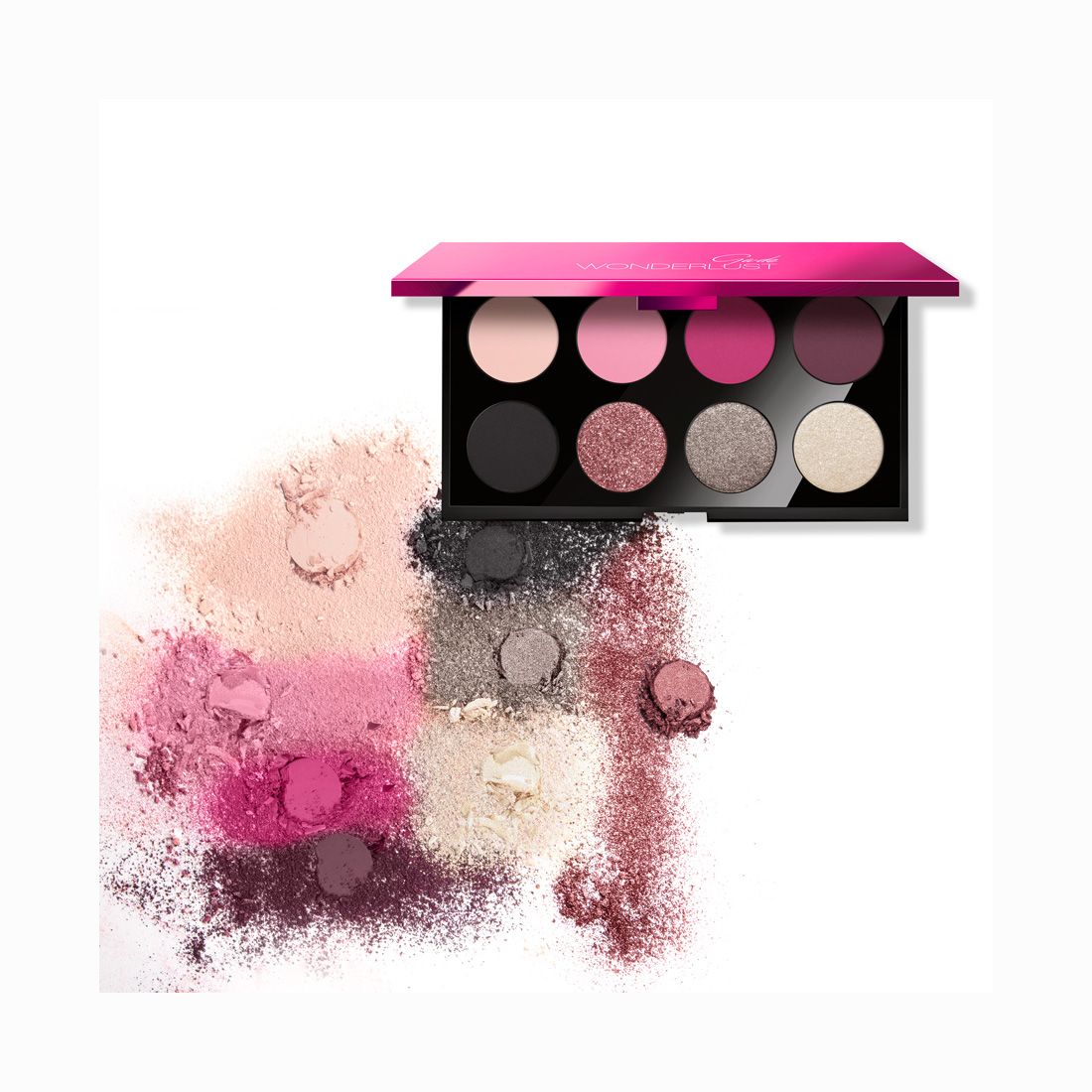 Palette ombretti Ga-De Wonderlust con otto tonalità, astuccio nero con coperchio rosa. Campioni di colore sotto.