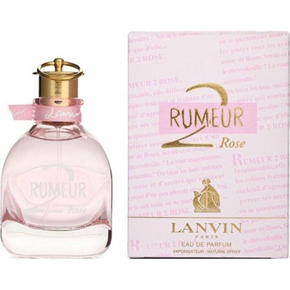 Flacone rosa e scatola. Scritta: Rumeur 2 Rose, Lanvin. Flacone con tappo dorato e fiocco rosa.