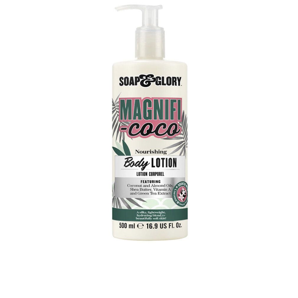 Flacone di lozione per il corpo con dosatore a pompa. Scritta: Magnifi-Coco, Body Lotion. Contiene oli di cocco e mandorle, burro di karité, vitamina A ed estratto di tè verde.