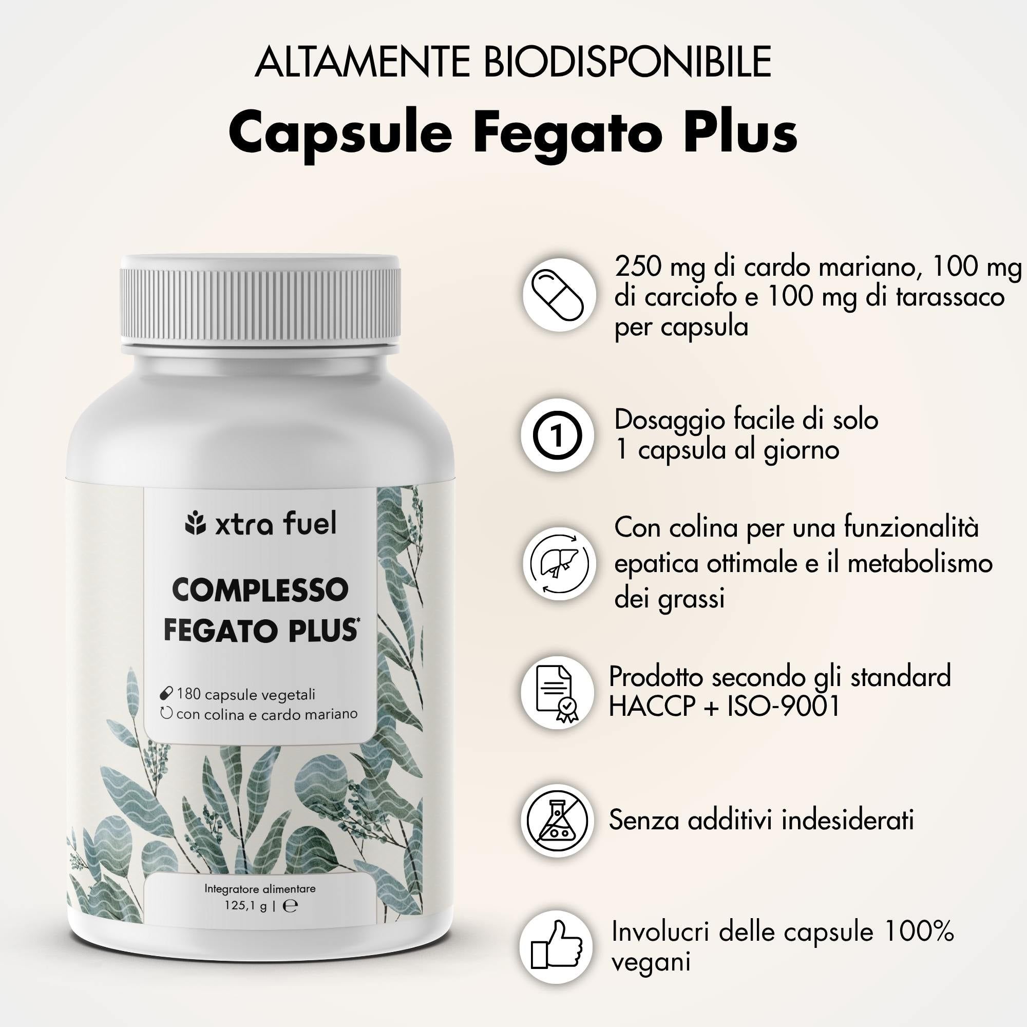 Flacone di XTRA FUEL COMPLESSO FEGATO PLUS. Testo: 180 capsule vegetali con colina e cardo mariano. Dosaggio facile: 1 capsula al giorno.