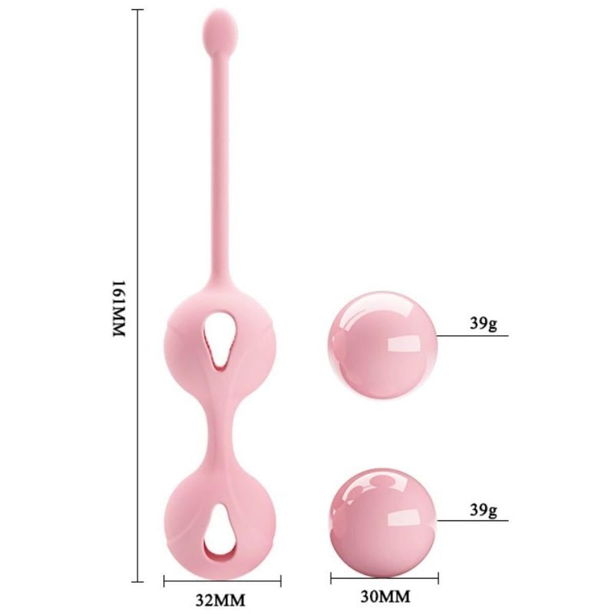 Sfera vibrante rosa con due sfere, asta e dimensioni. 161mm di altezza.