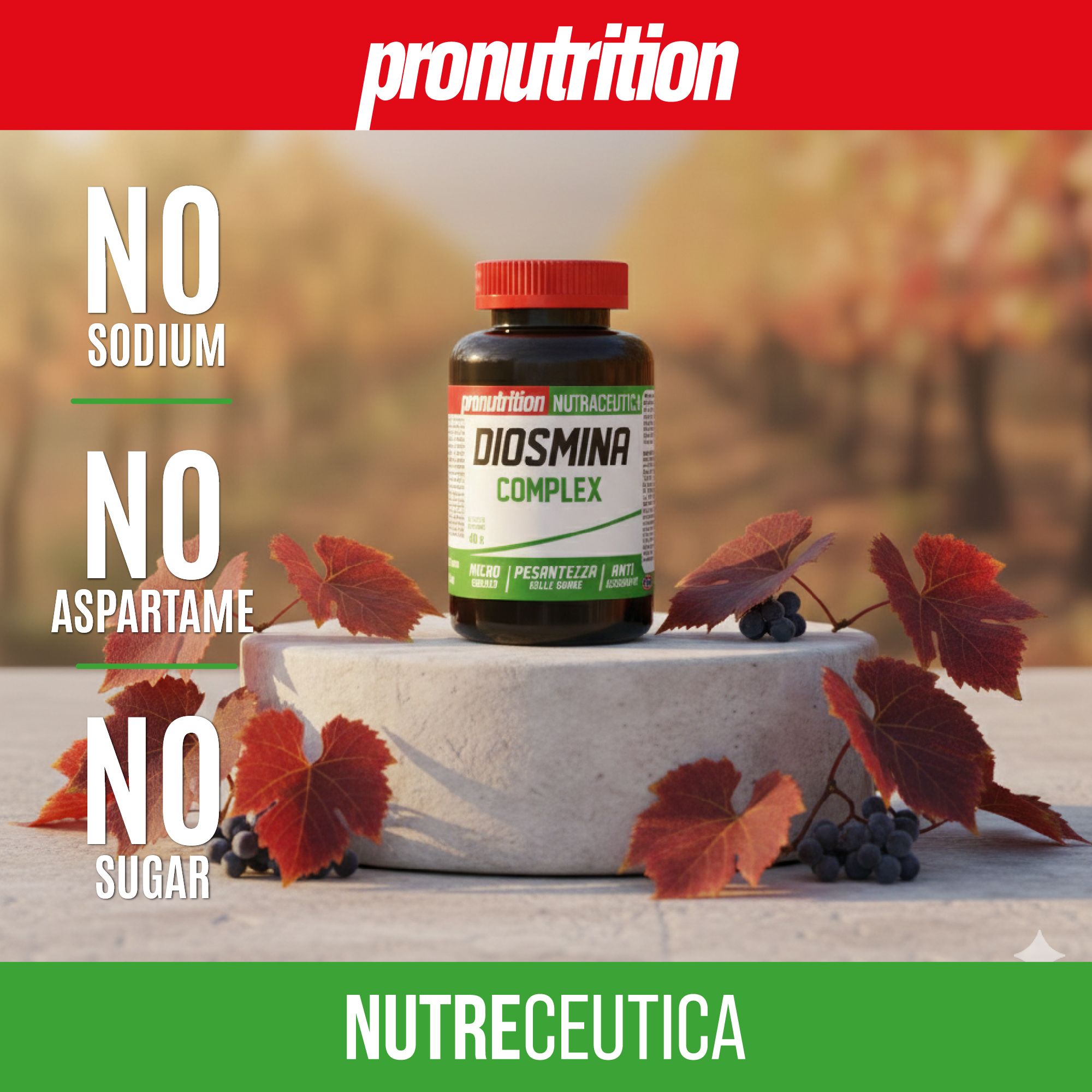 Pronutrition Diosmina Complex: contenitore con tappo rosso, circondato da foglie di vite e uva.