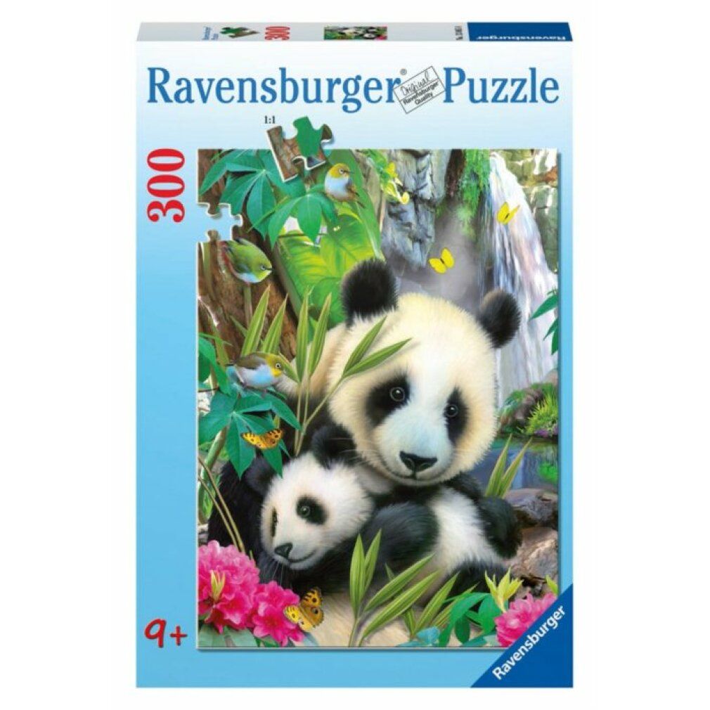 Confezione puzzle con panda, uccelli e farfalle. Marchio Ravensburger. 300 pezzi.