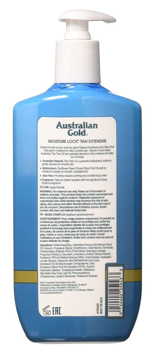 Retro di un flacone blu-turchese con pompa. Testo: Moisture Lock Tan Extender. Marchio: Australian Gold. Ingredienti e istruzioni per l'uso.