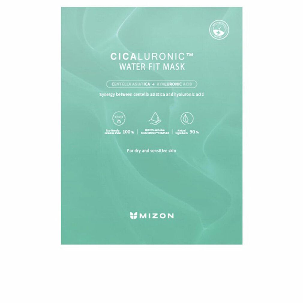Confezione maschera turchese. Scritta: Cicaluronic Water Fit Mask. Marchio: Mizon. Per pelli secche e sensibili.