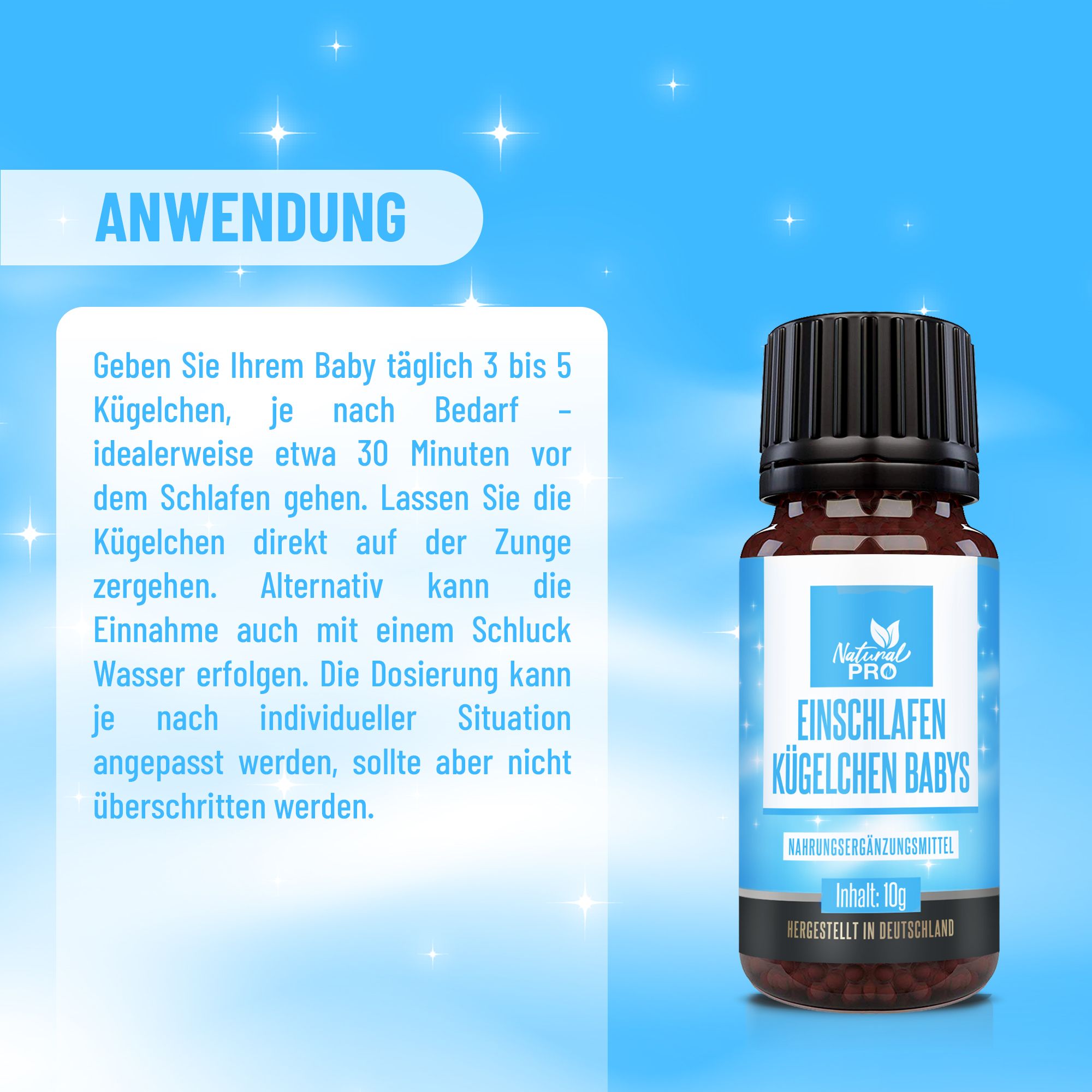 Flacone Natural Pro Einschlafen Kügelchen Babys. Istruzioni per l'uso. Testo: Dare al bambino da 3 a 5 globuli al giorno...