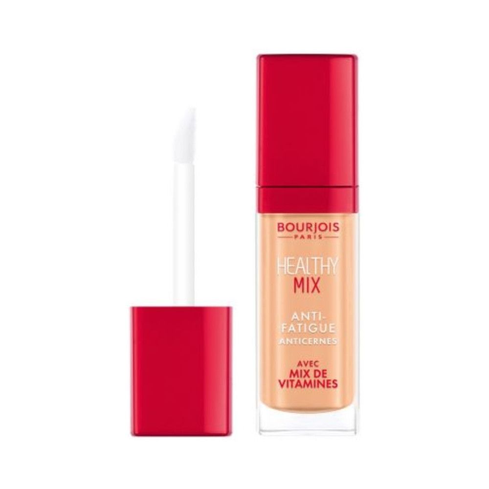 Flacone di correttore con tappo rosso e applicatore. Scritta: Bourjois Healthy Mix Anti-Fatigue.