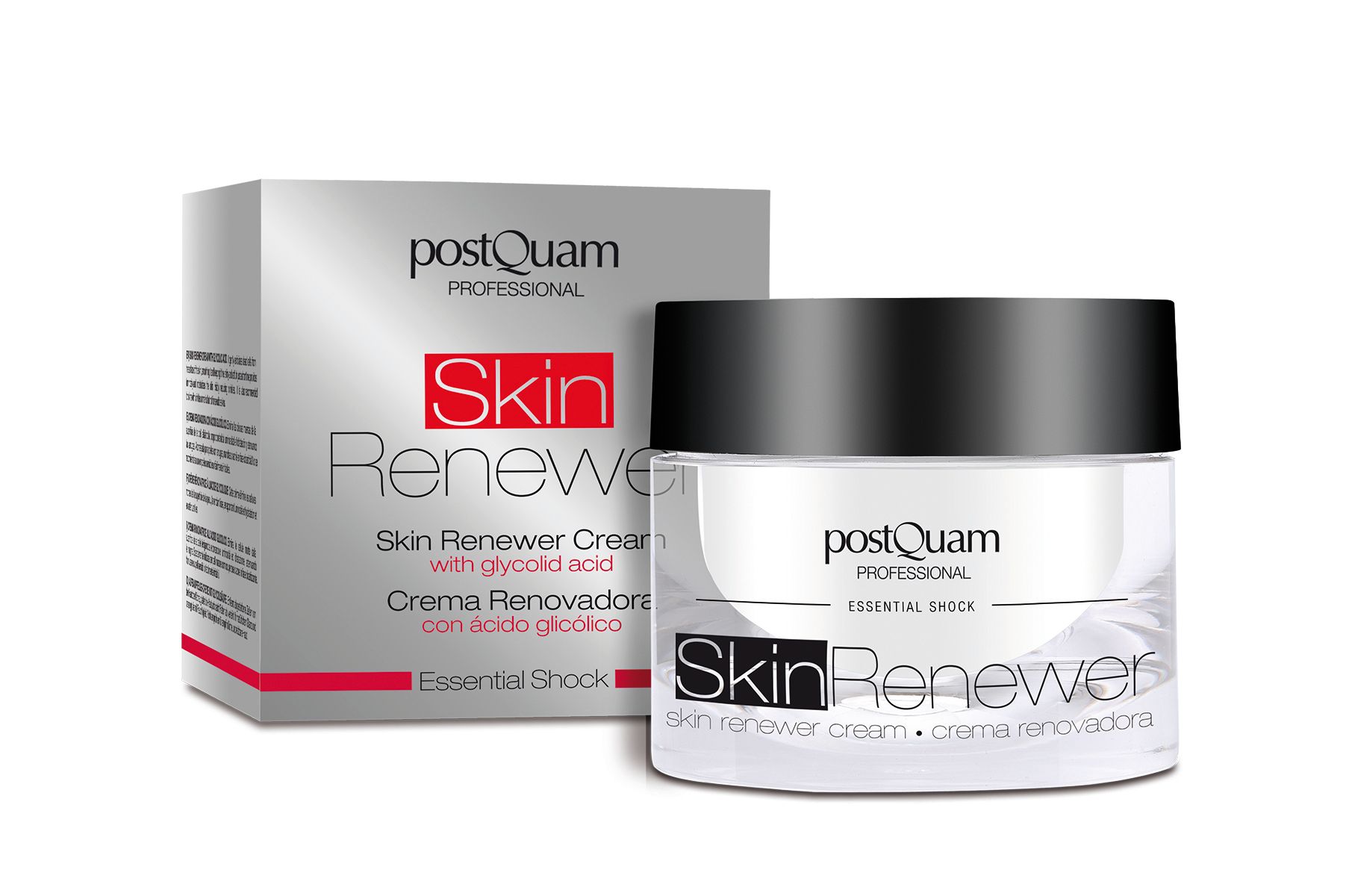 Vasetto di crema con coperchio nero e scatola. Scritta Skin Renewer e PostQuam Professional. Crema con acido glicolico.