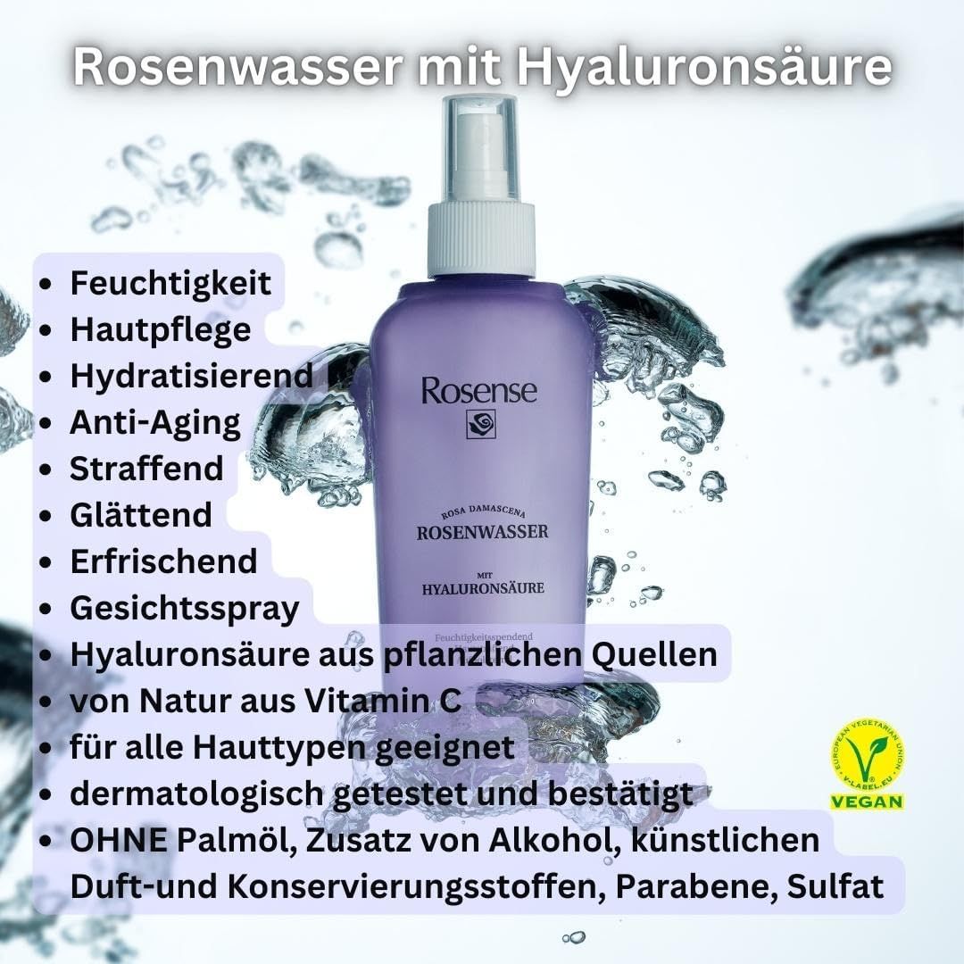 Flacone spray viola con logo Rosense e testo. Sigillo vegano. Testo: Acqua di rose con acido ialuronico, spray viso.