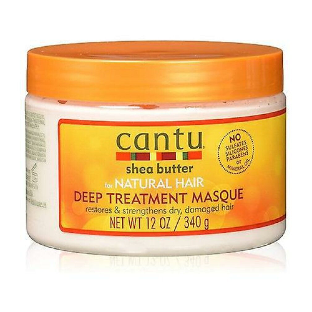 Cantu Deep Treatment Masque. Vasetto bianco con coperchio arancione. Etichetta gialla con informazioni e logo del prodotto.