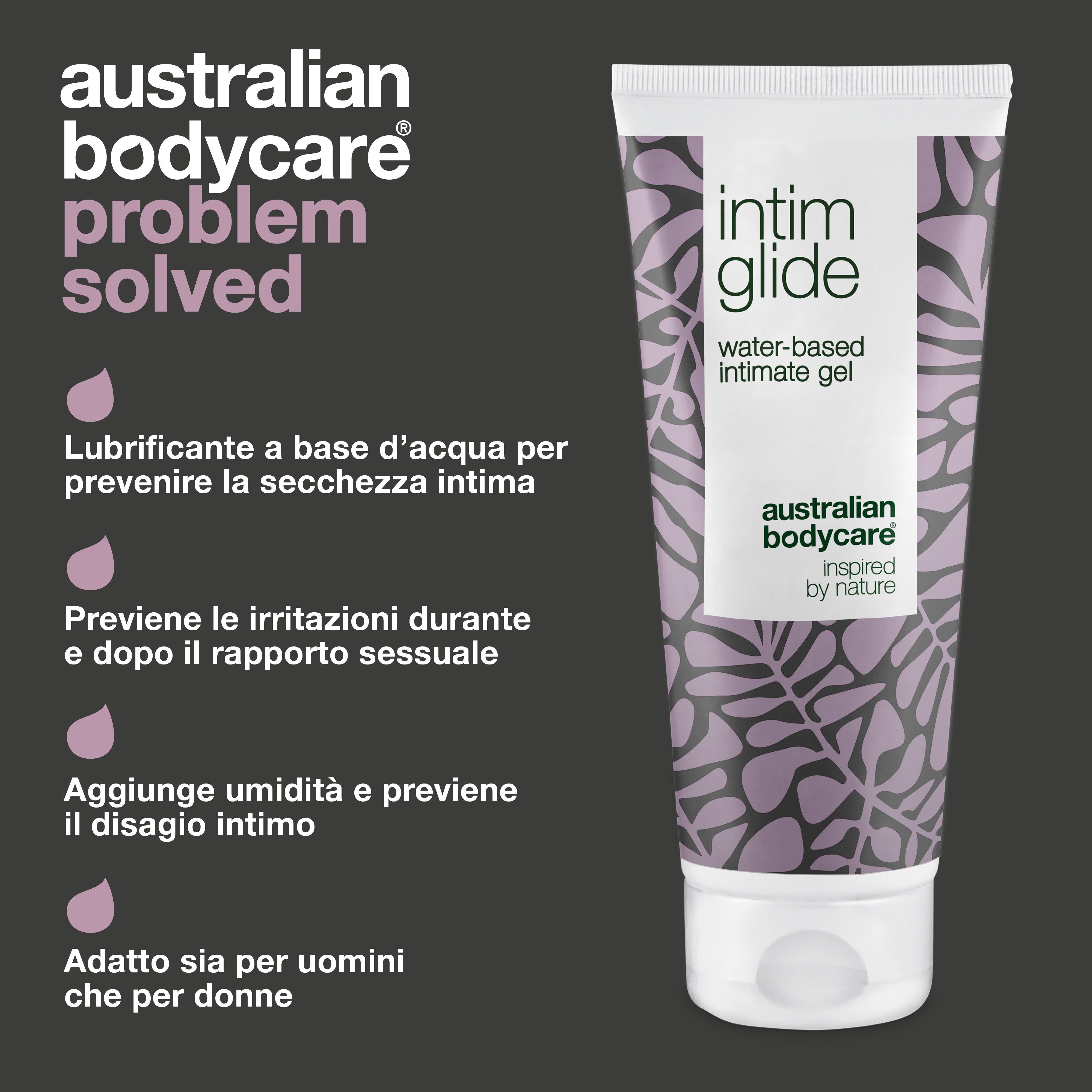Grafica: problema e soluzione. Tubo di gel intimo. Testo a base d'acqua.