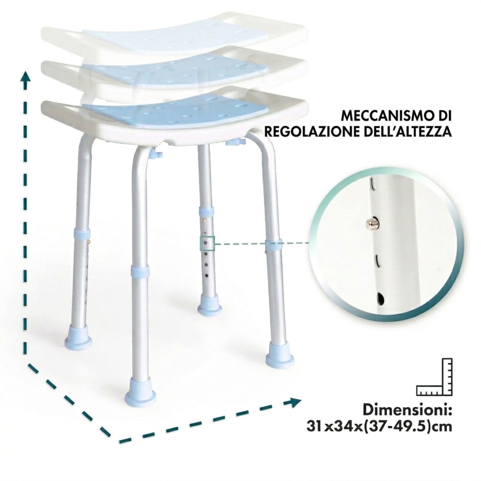 Sgabello da doccia blu. Meccanismo regolabile in altezza. Dimensioni: 31x34x(37-49.5)cm.