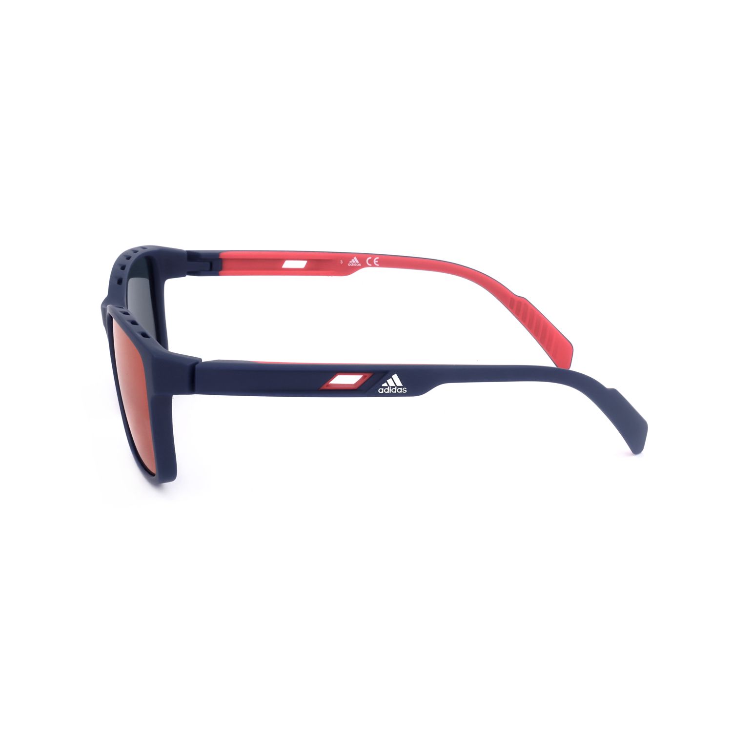 Occhiali da sole Adidas blu navy con aste rosse e lenti arancioni. Logo Adidas sull'asta.