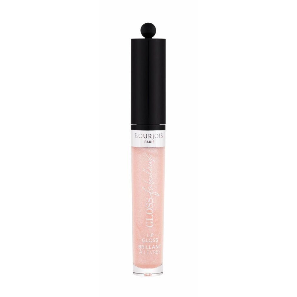 Lucidalabbra con tappo nero e sfera. Scritta: Bourjois Paris, Gloss Fabuleux. Tonalità rosa.