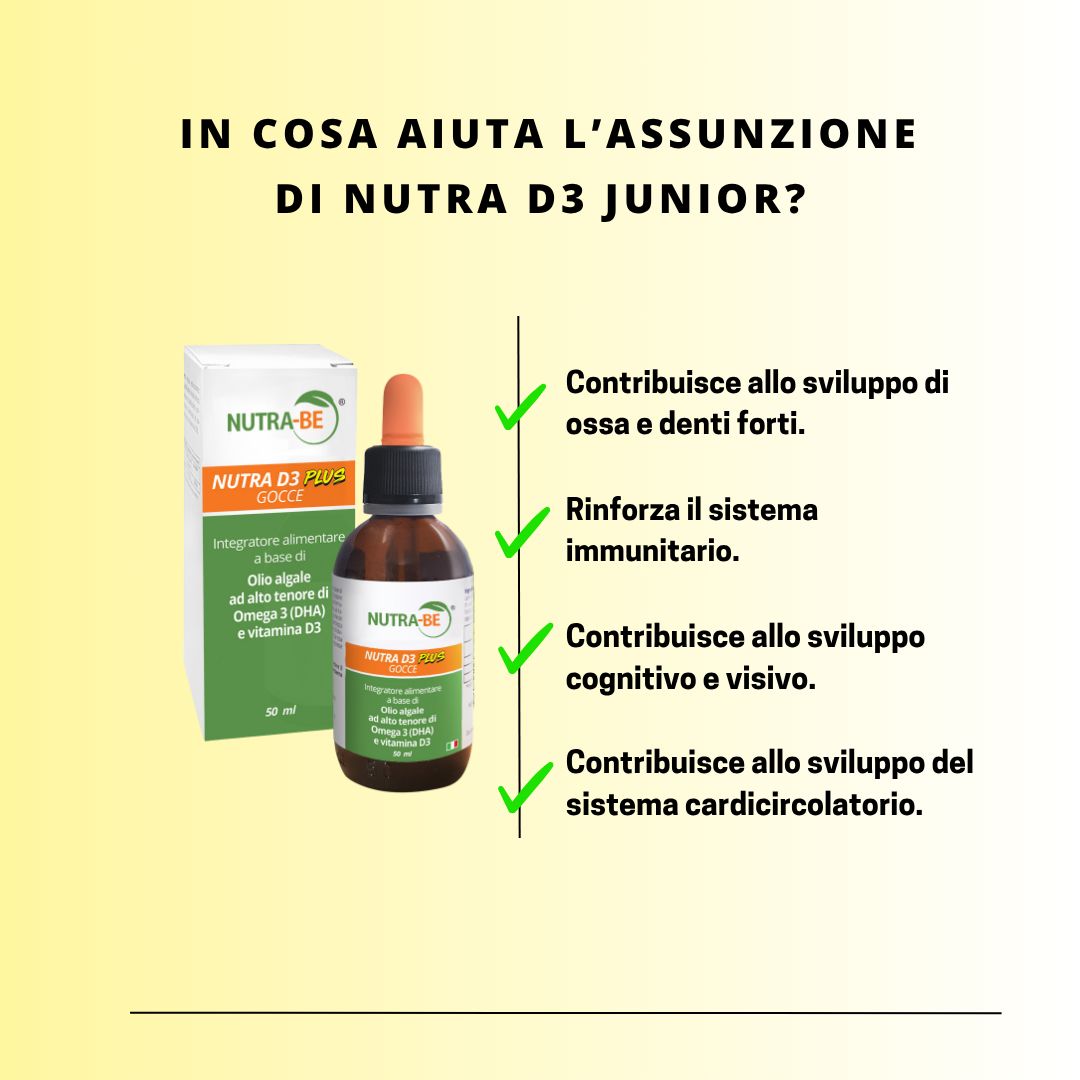 Prodotto con flacone e confezione. Testo: In cosa aiuta l'assunzione di Nutra D3 Junior? Favorisce ossa e denti forti.