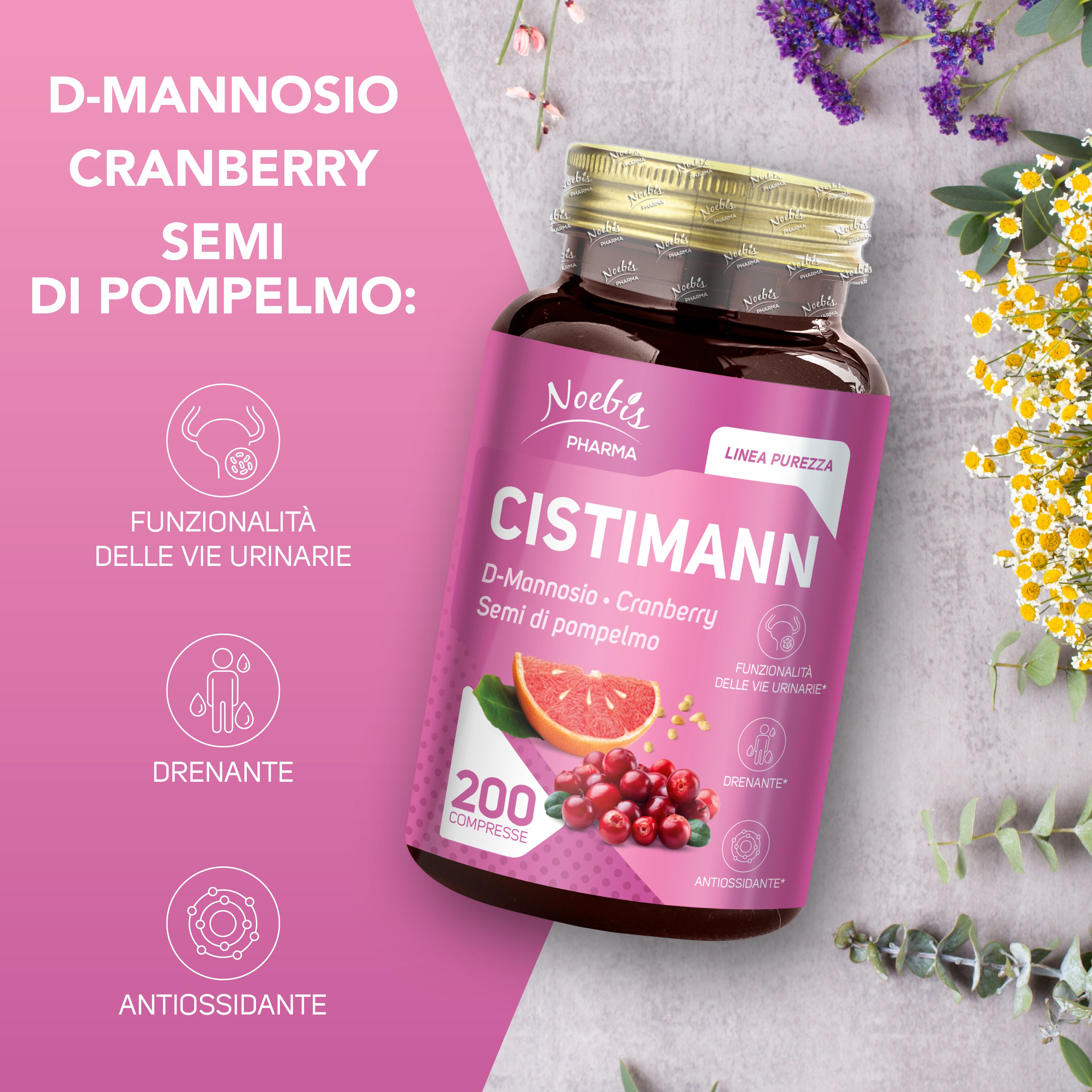 Flacone Noebis Pharma Cistimann con D-Mannosio, Cranberry, Semi di pompelmo. Icone: Vie urinarie, drenante, antiossidante.