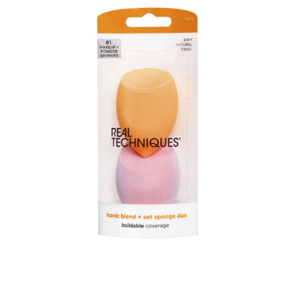 Confezione con due spugnette per trucco, arancione e rosa, di Real Techniques.
