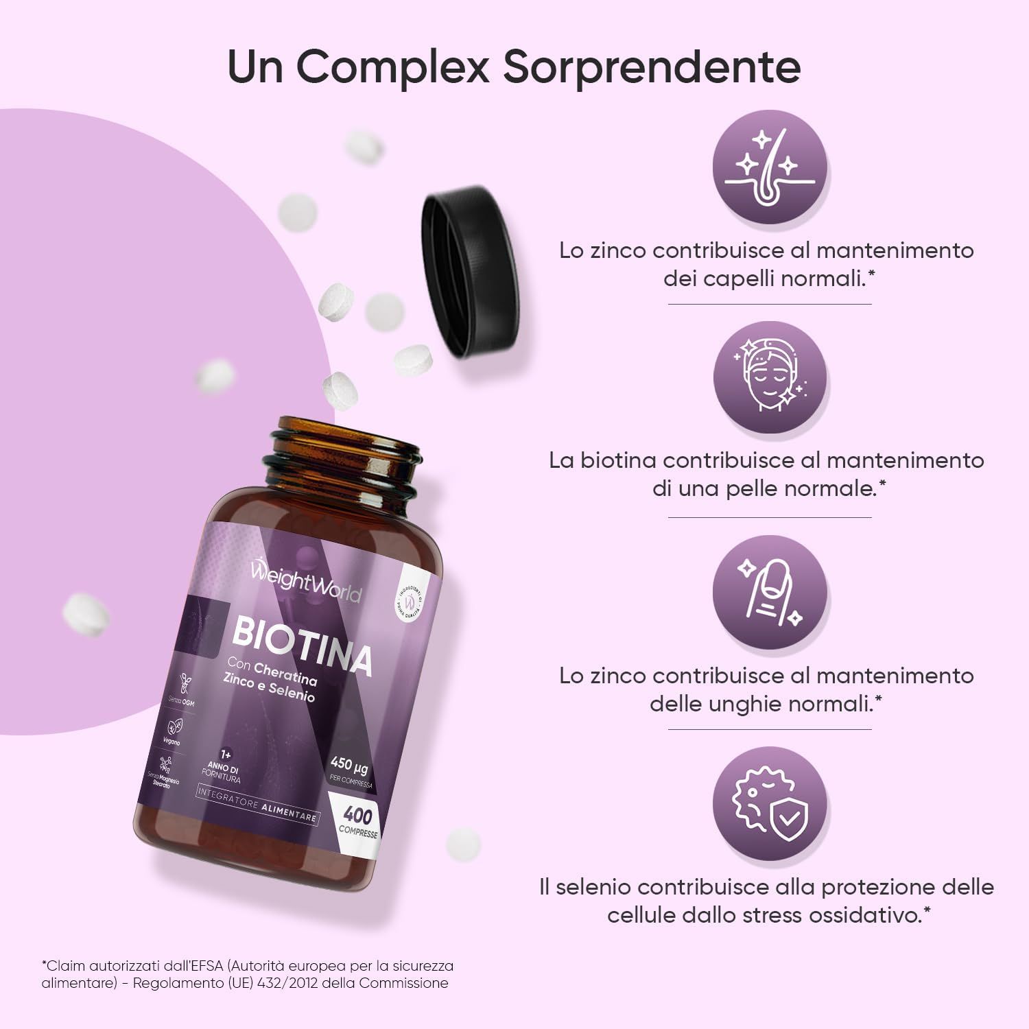 Flacone aperto con compresse. Scritta: Biotina con cheratina, zinco e selenio. Elementi aggiuntivi: Zinco, biotina, selenio.