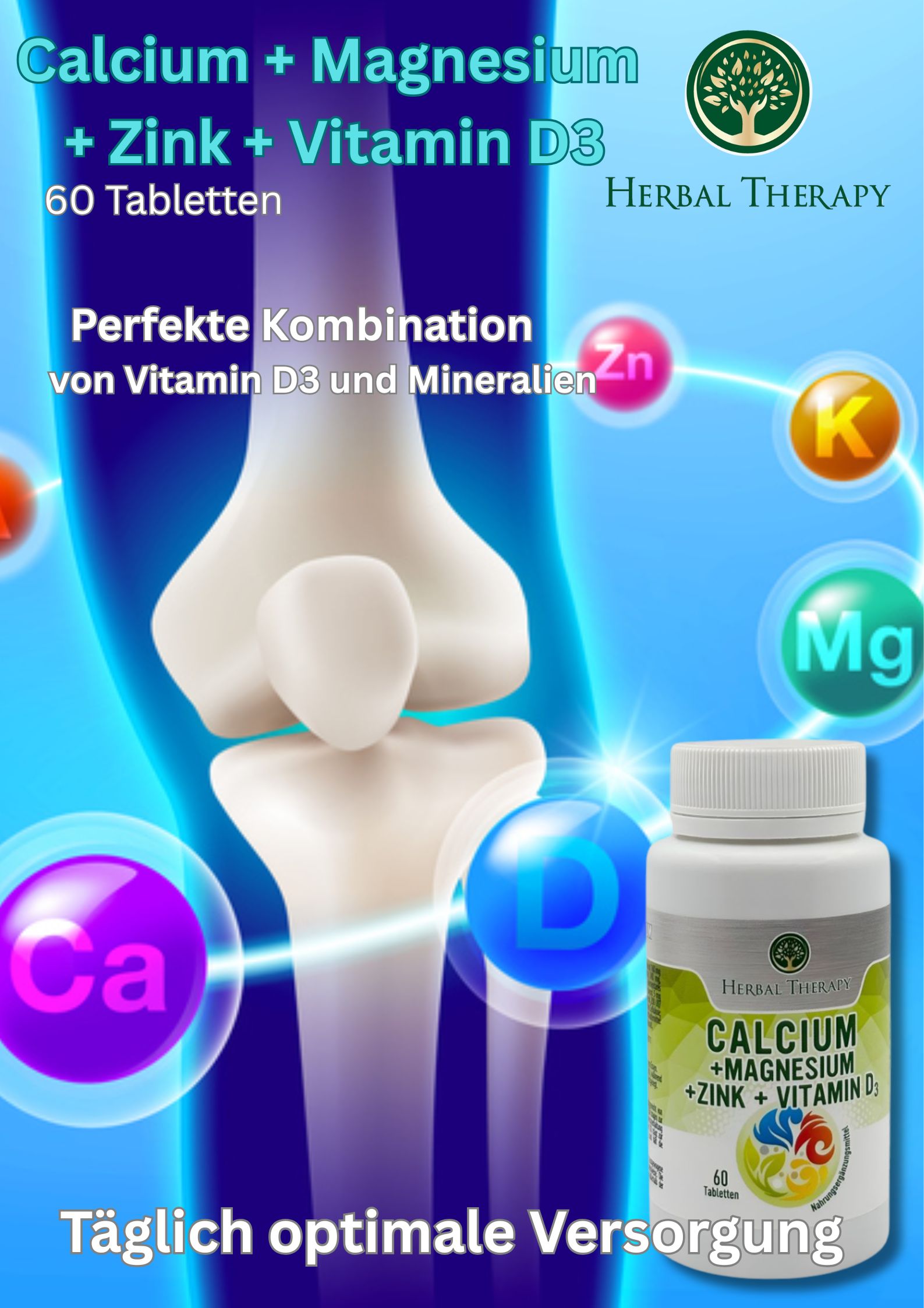 Immagine pubblicitaria. Modello osseo con flacone. Scritta: Calcio + Magnesio + Zinco + Vitamina D3. Logo: albero in cerchio. Testo: Cura ottimale quotidiana.