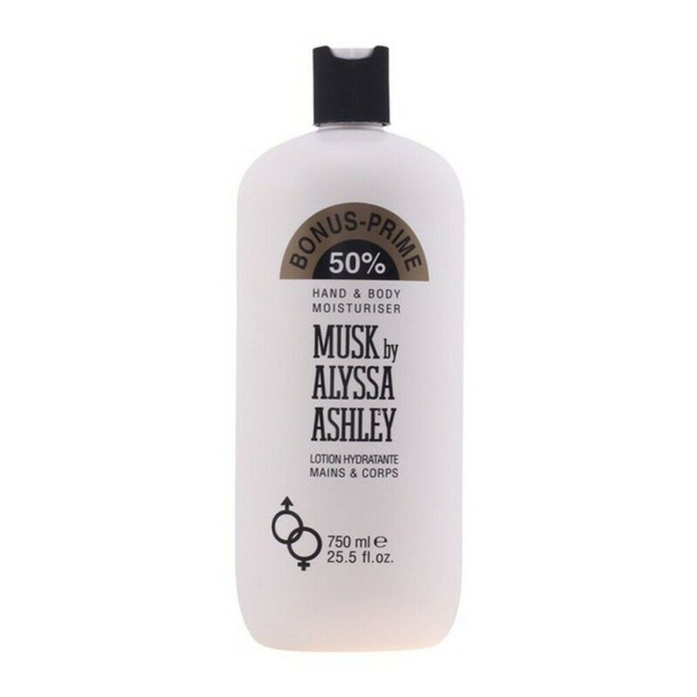 Flacone bianco, tappo nero. Scritta: Musk by Alyssa Ashley, Hand & Body Moisturiser. 750 ml.