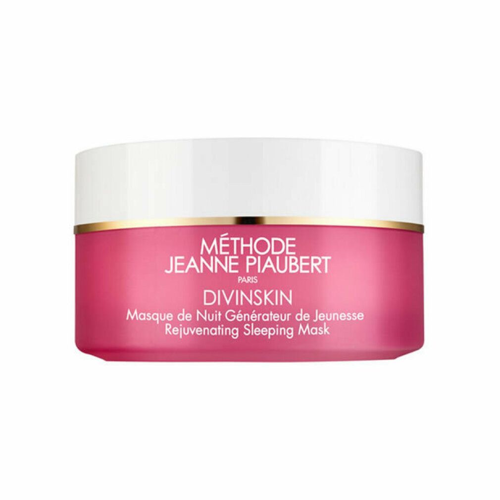 Vaso rosa con coperchio bianco. Bordo dorato. Scritta: Méthode Jeanne Piaubert, Divinskin, Masque de Nuit Générateur de Jeunesse, Rejuvenating Sleeping Mask.