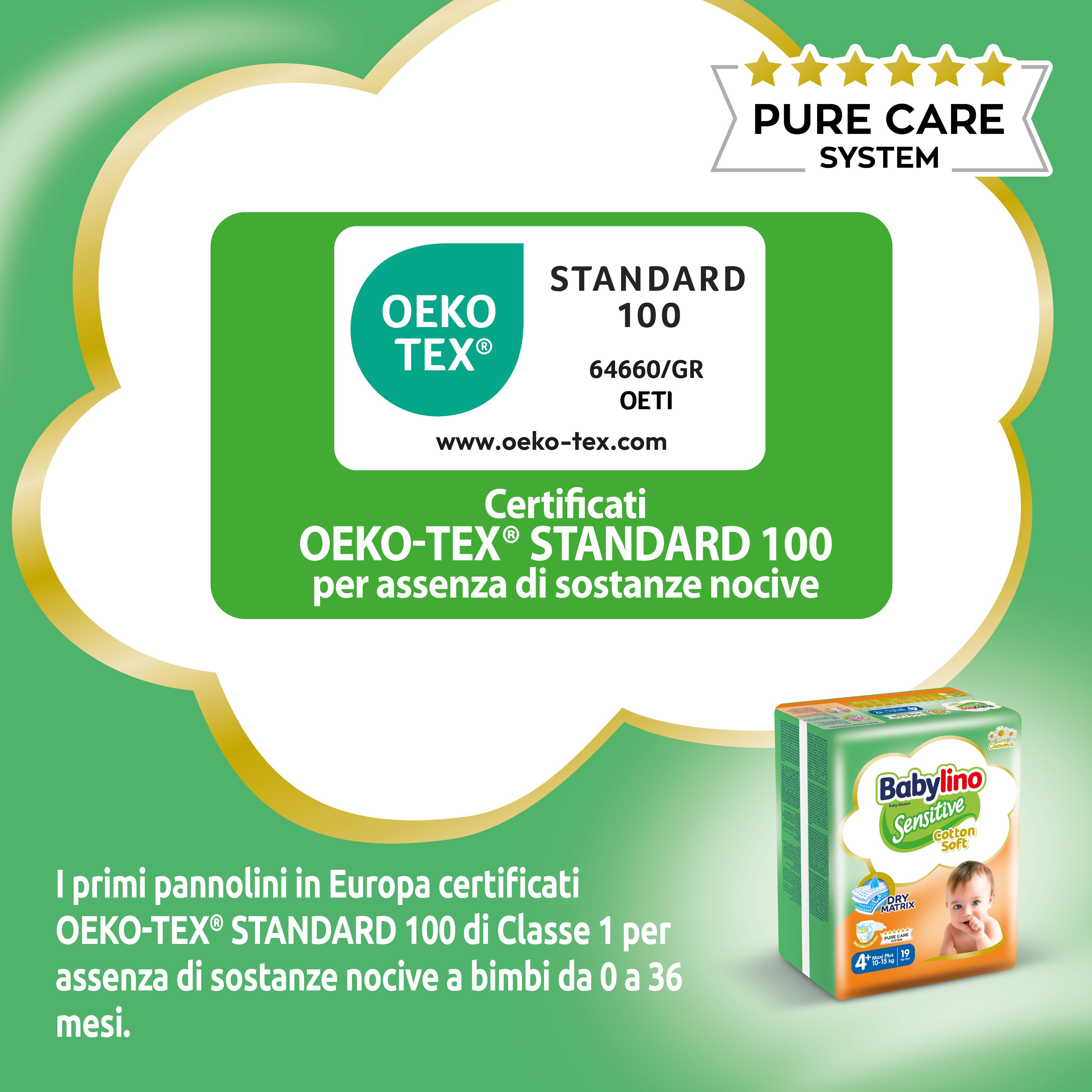 Certificato Oeko-Tex Standard 100. Piccolo pacco Babylino Sensitive. Logo Pure Care System.