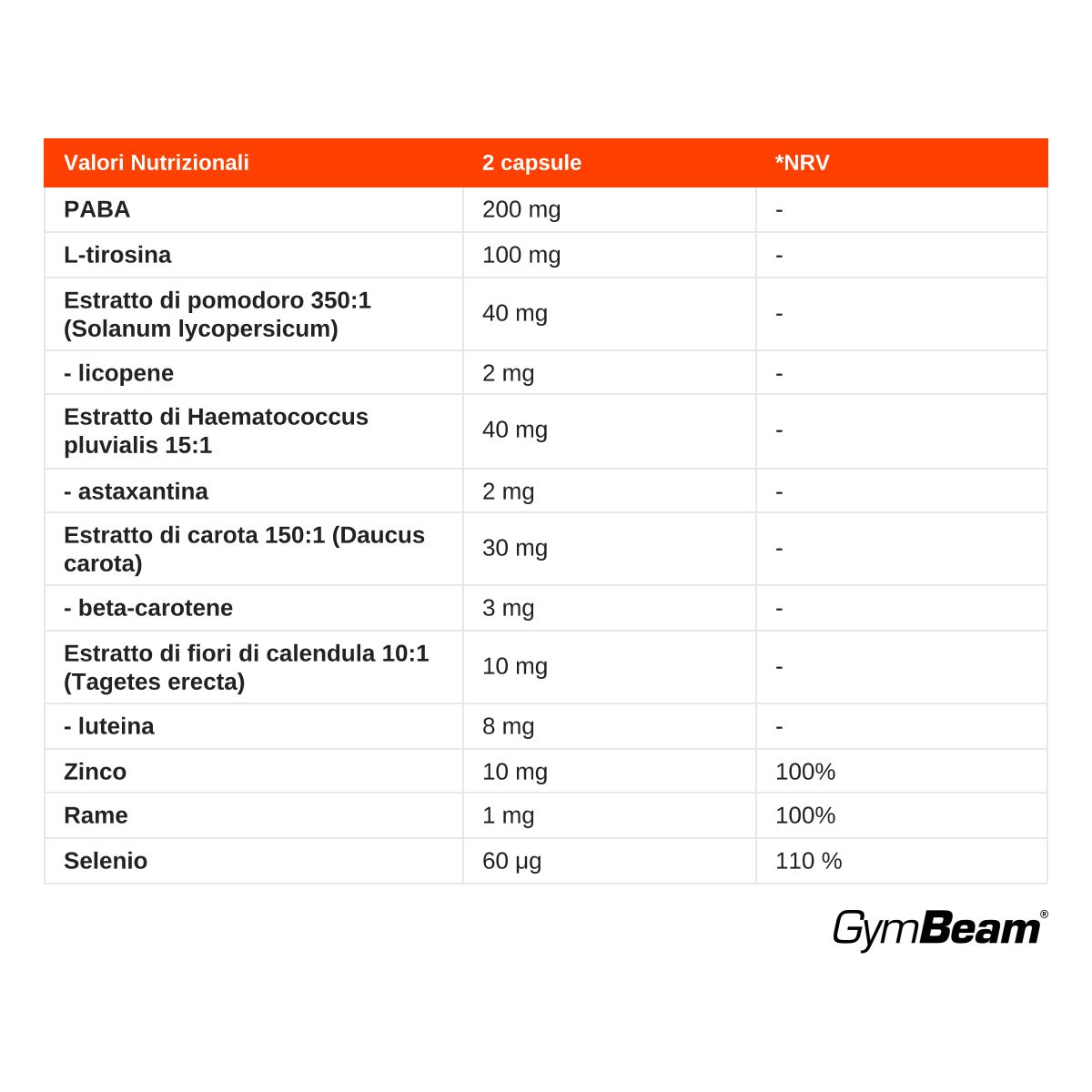 Tabella nutrizionale per capsule "Sun Kiss": PABA, L-Tirosina, estratti di pomodoro, Haematococcus pluvialis, carota, calendula, luteina, zinco, rame, selenio.