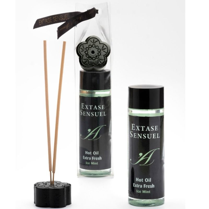 Due flaconi "Extase Sensuel Hot Oil Extra Fresh Ice Mint" e un set di bastoncini profumati.