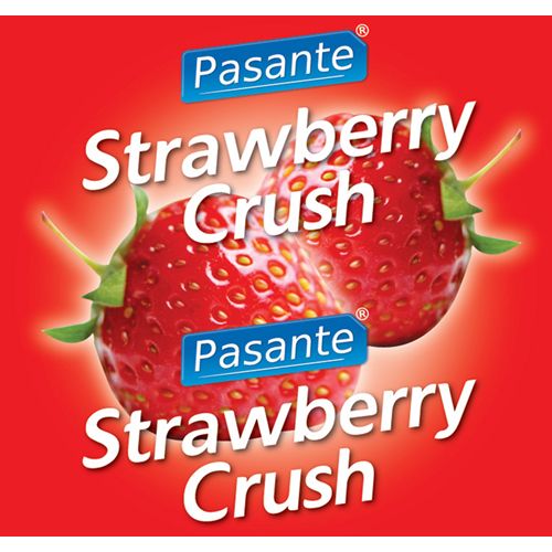 Sfondo rosso con fragole e testo: Pasante Strawberry Crush. Logo Pasante blu.