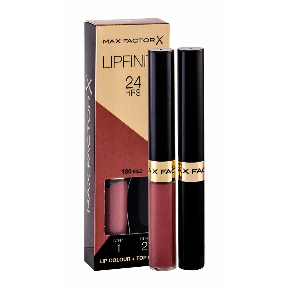 Confezione Max Factor Lipfinity Lipcolour. Contiene due prodotti: Lipcolour e Topcoat. Contenitori neri con dettagli dorati.