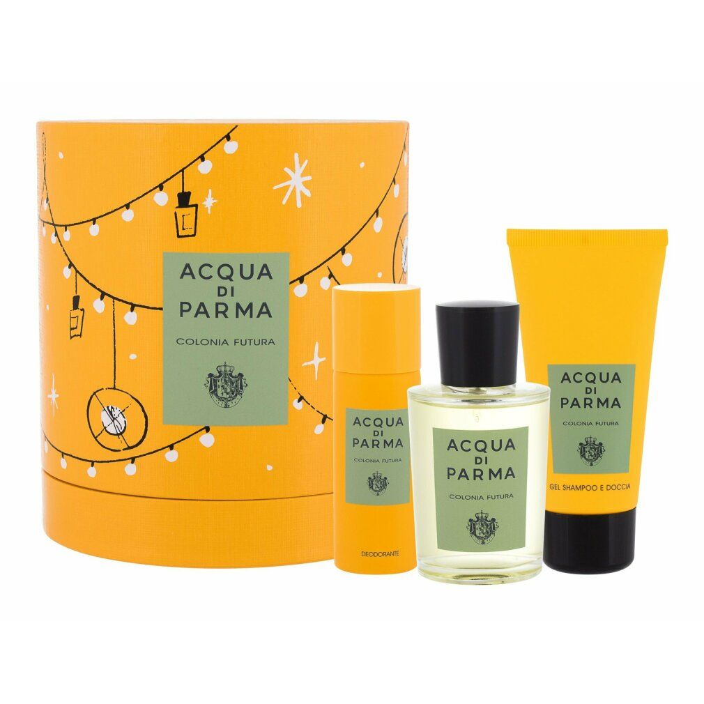 Set regalo con gel doccia giallo, deodorante, flacone di profumo e confezione cilindrica con logo e testo.