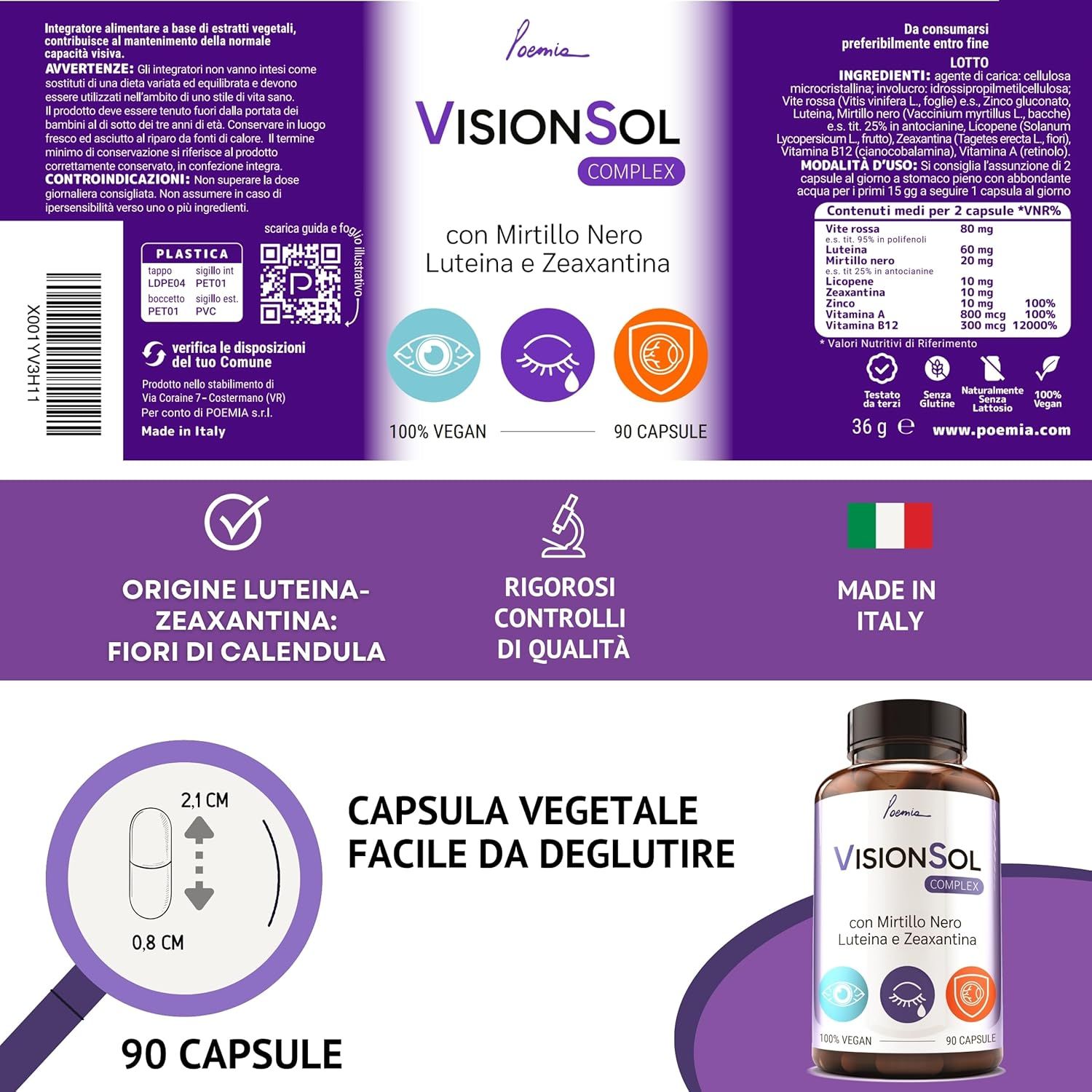 Poemia Visionsol Complex: Protegge macula/retina, riduce affaticamento visivo, antiossidante.