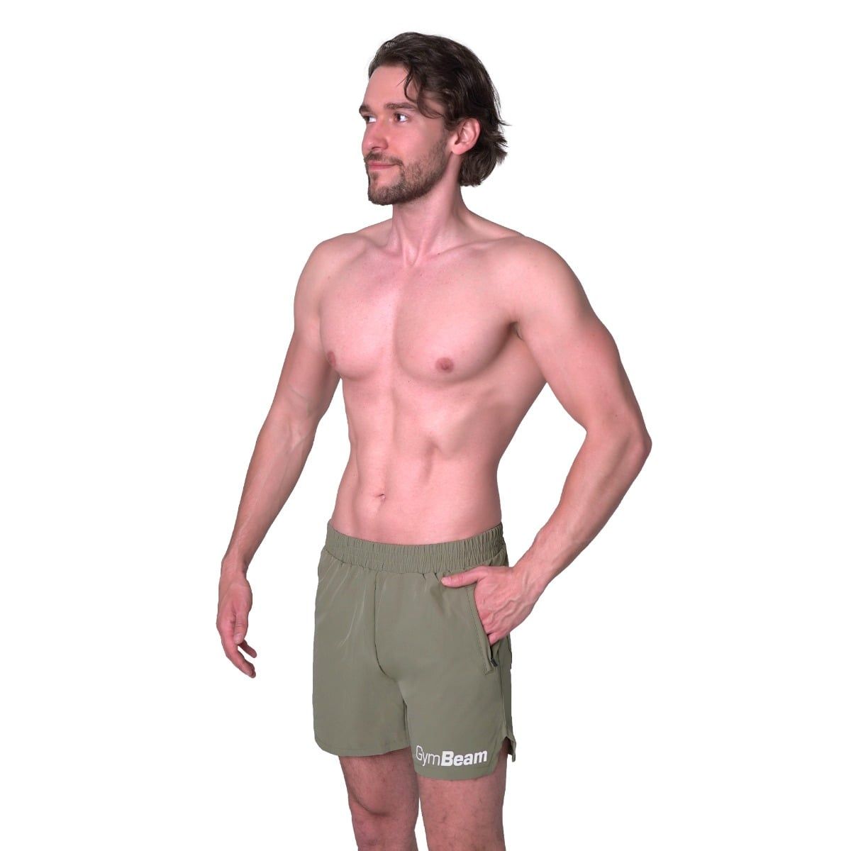 Pantaloncini verdi da uomo con logo GymBeam, vista laterale.