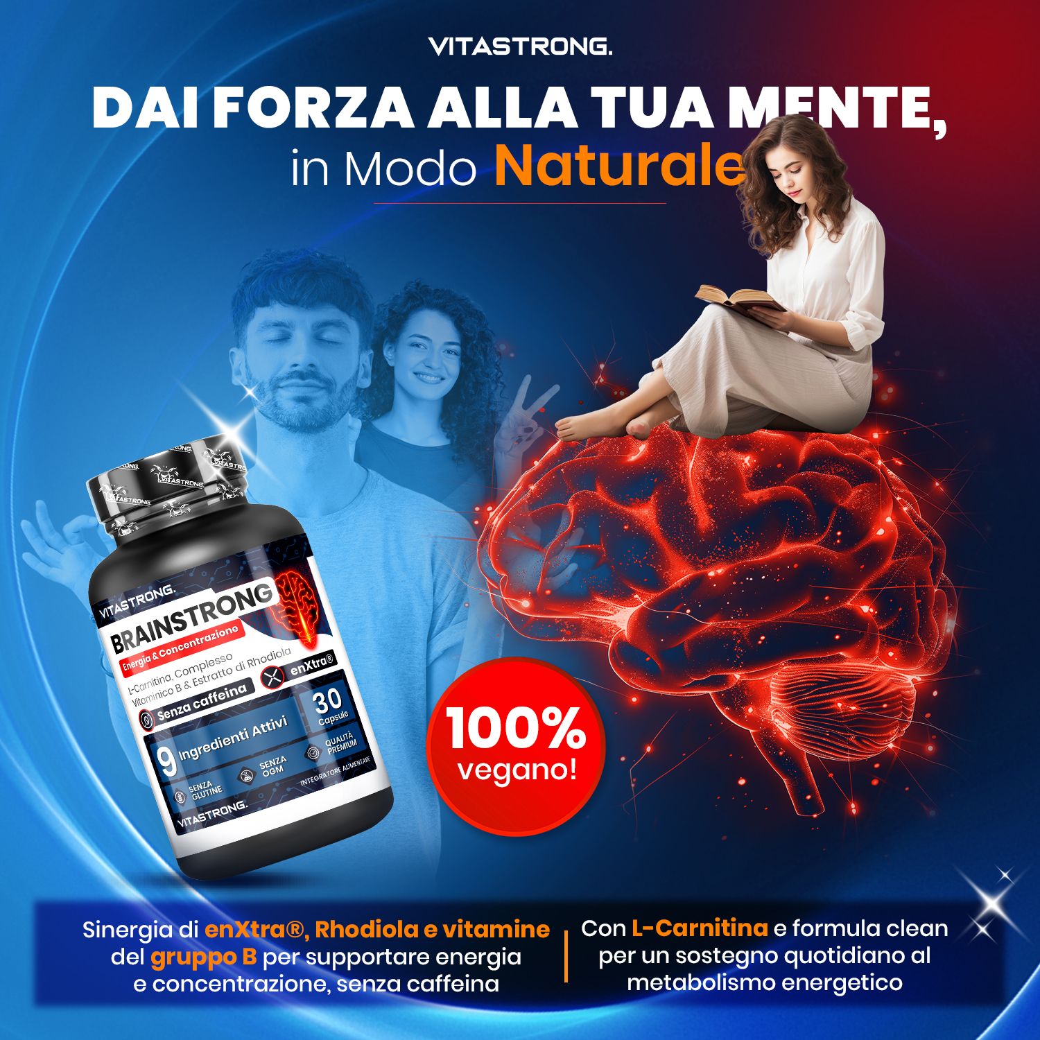 Flacone nero di Brainstrong, 30 capsule, 9 ingredienti attivi. Illustrazione di un cervello e persone. 100% vegano.