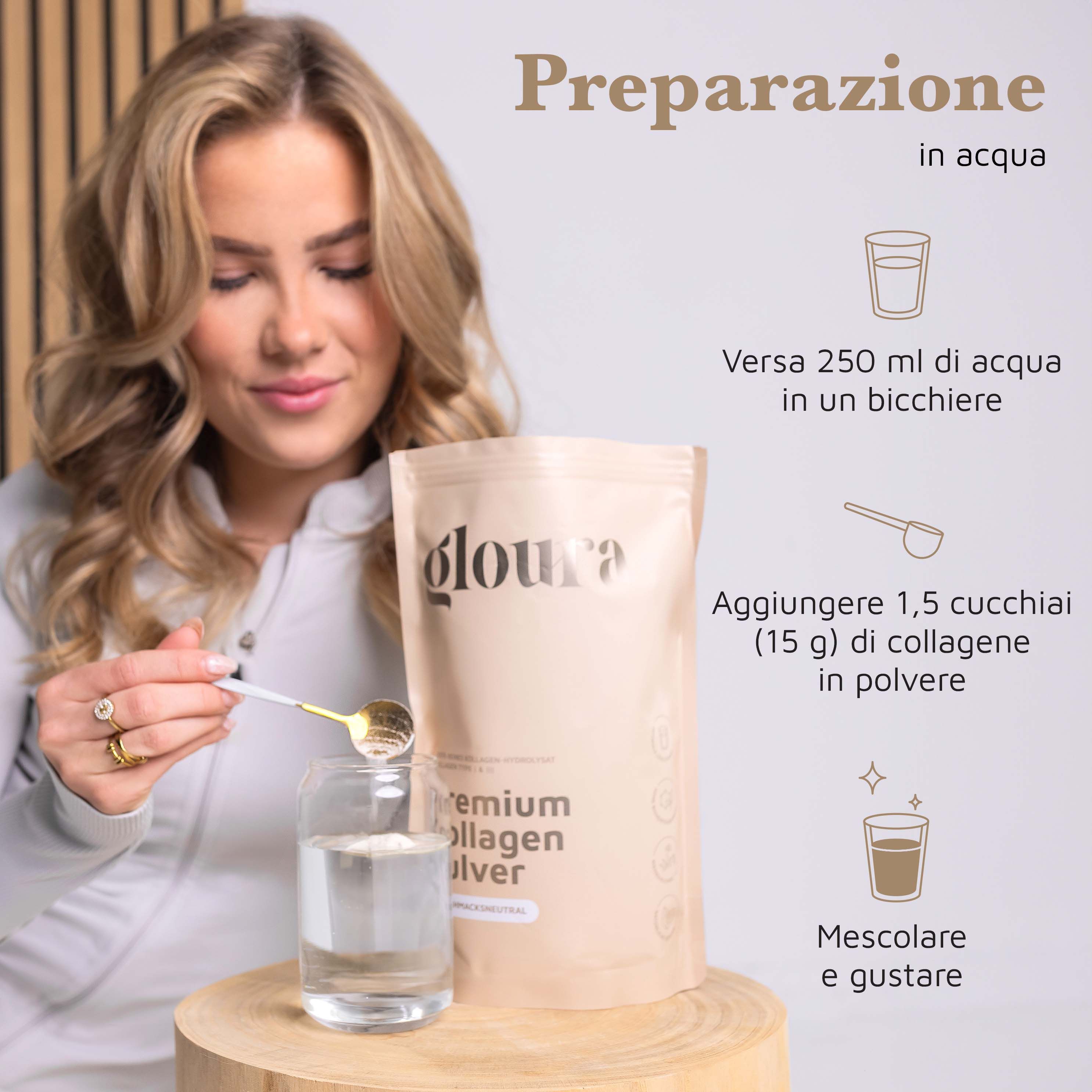 Una donna versa polvere in un bicchiere d'acqua. Accanto c'è una confezione.