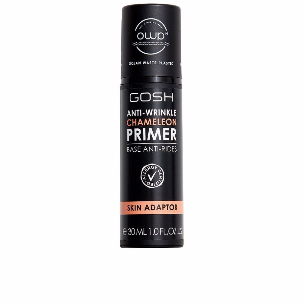 Flacone nero GOSH Anti-Wrinkle Chameleon Primer. Testo: Skin Adaptor, 30 ml, Allergy Certified, OWP Ocean Waste Plastic.