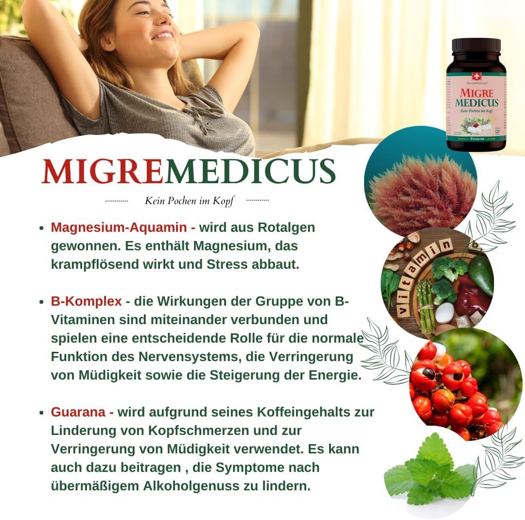 Donna sorridente. Flacone del prodotto e testo. Testo: Magnesio-Aquamin, B-complesso, Guaranà.