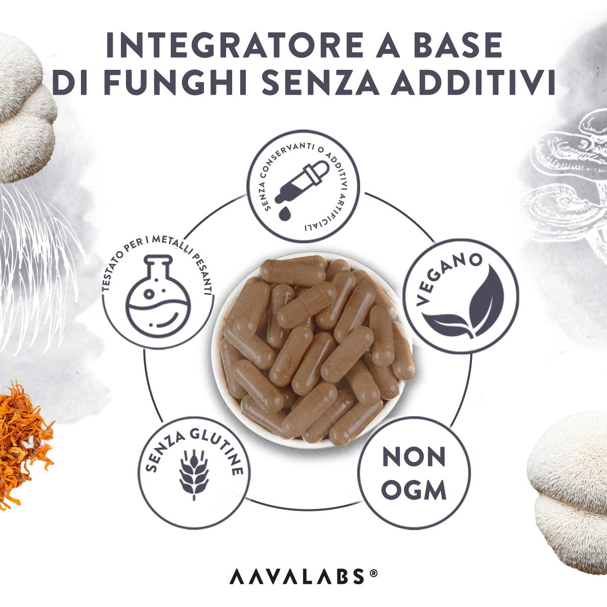 Capsule in una ciotola, circondate da simboli. Contiene simboli per vegano, senza glutine, senza OGM. Marchio: Aavalabs.